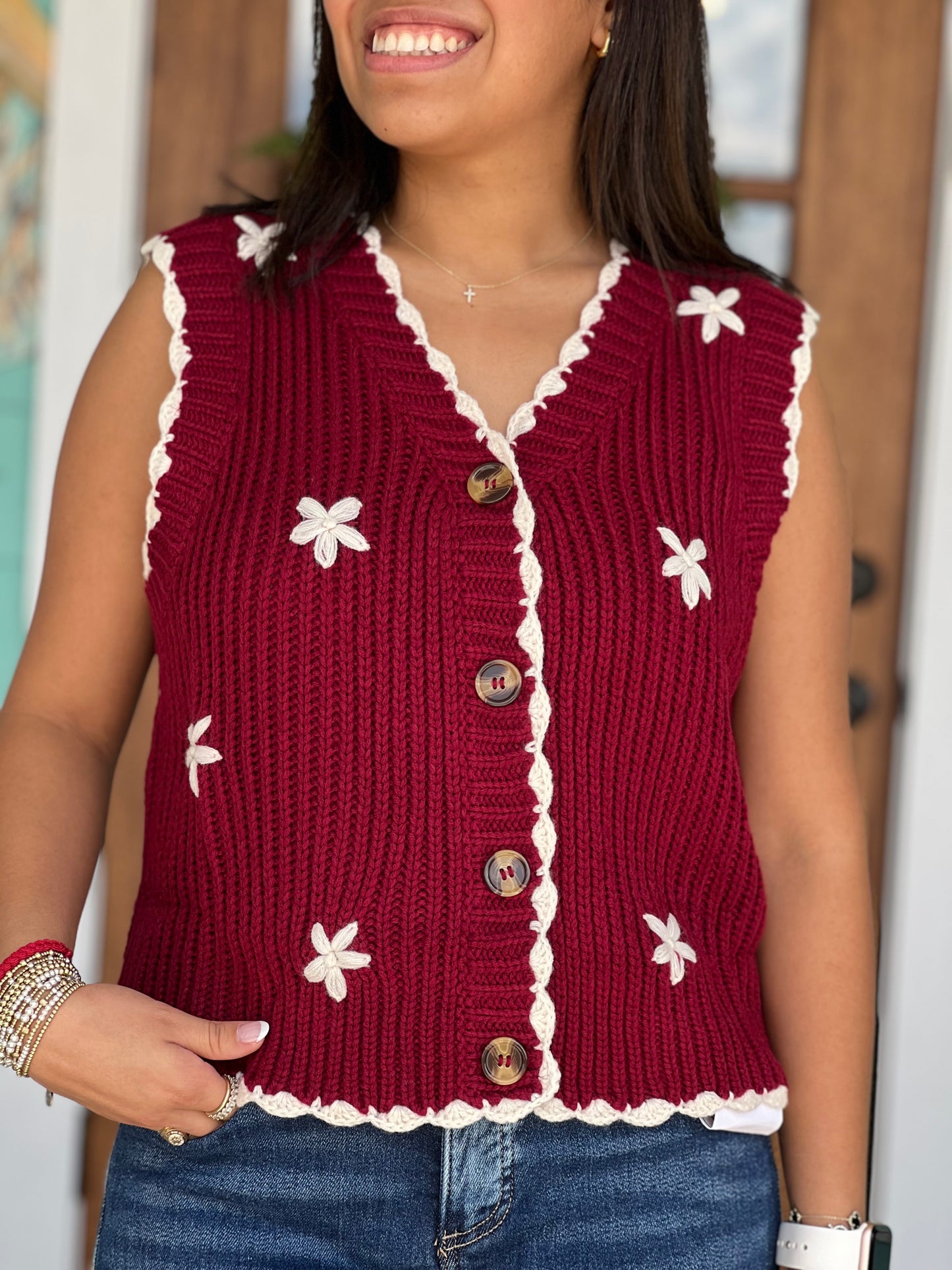Maroon Embroidered Flower Sweater Vest