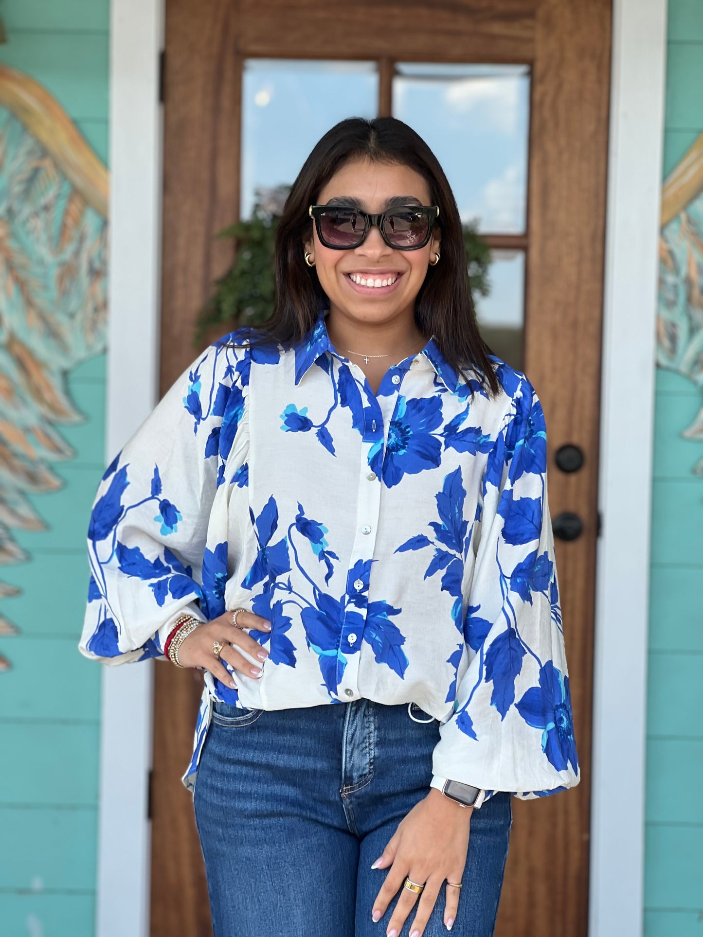 Blue Floral Button Down Top