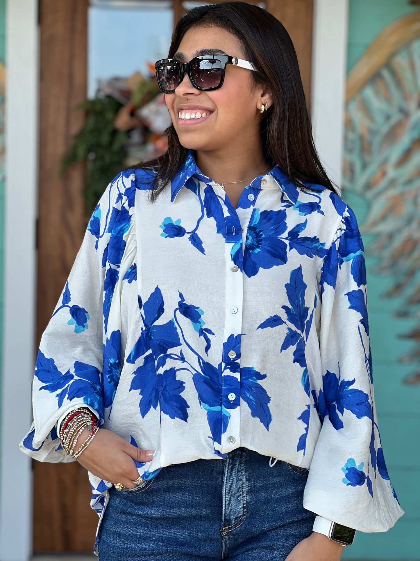Blue Floral Button Down Top