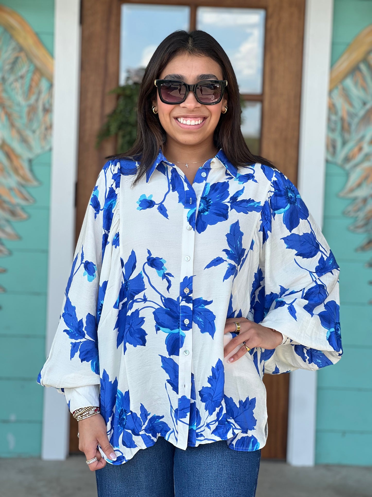 Blue Floral Button Down Top