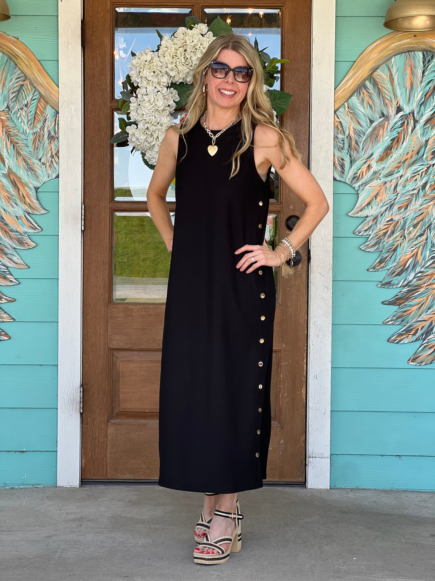 Black Gold Button Maxi Dress