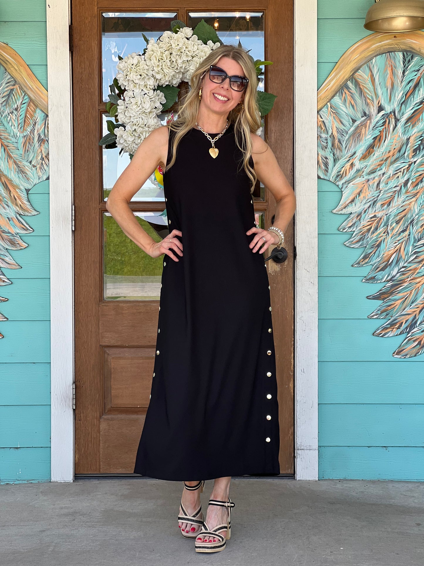 Black Gold Button Maxi Dress