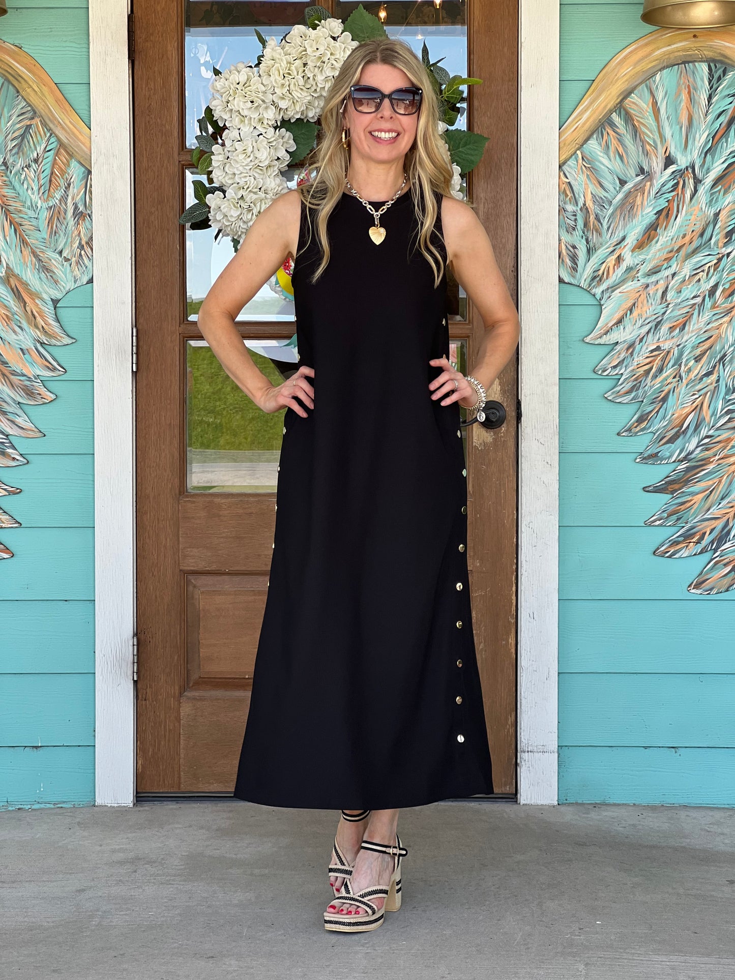 Black Gold Button Maxi Dress