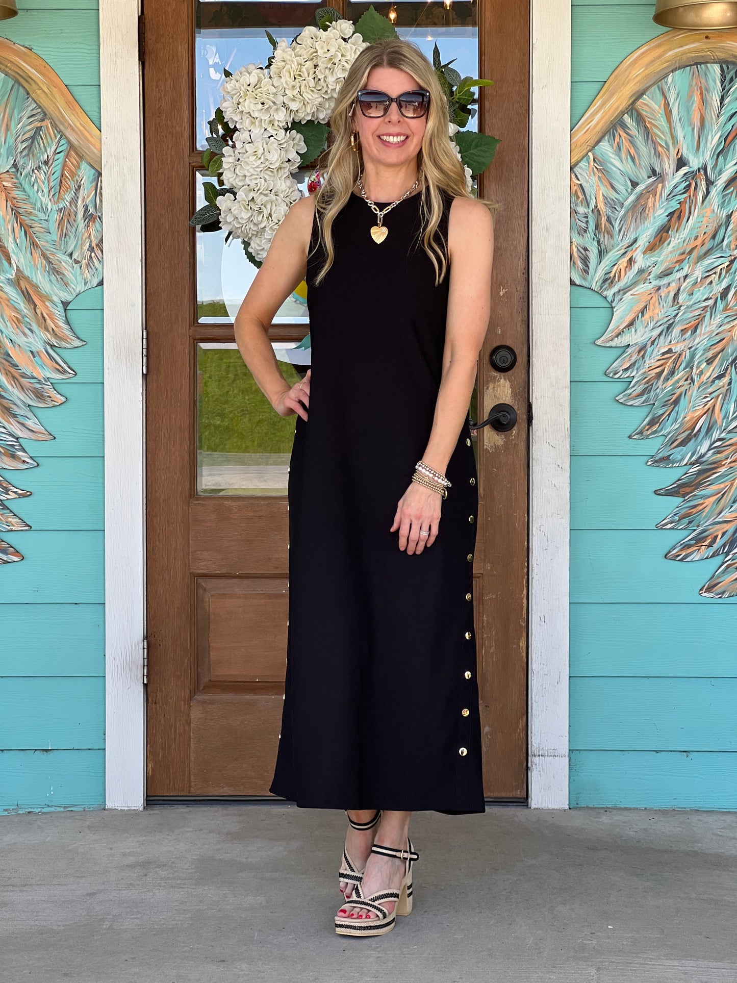 Black Gold Button Maxi Dress