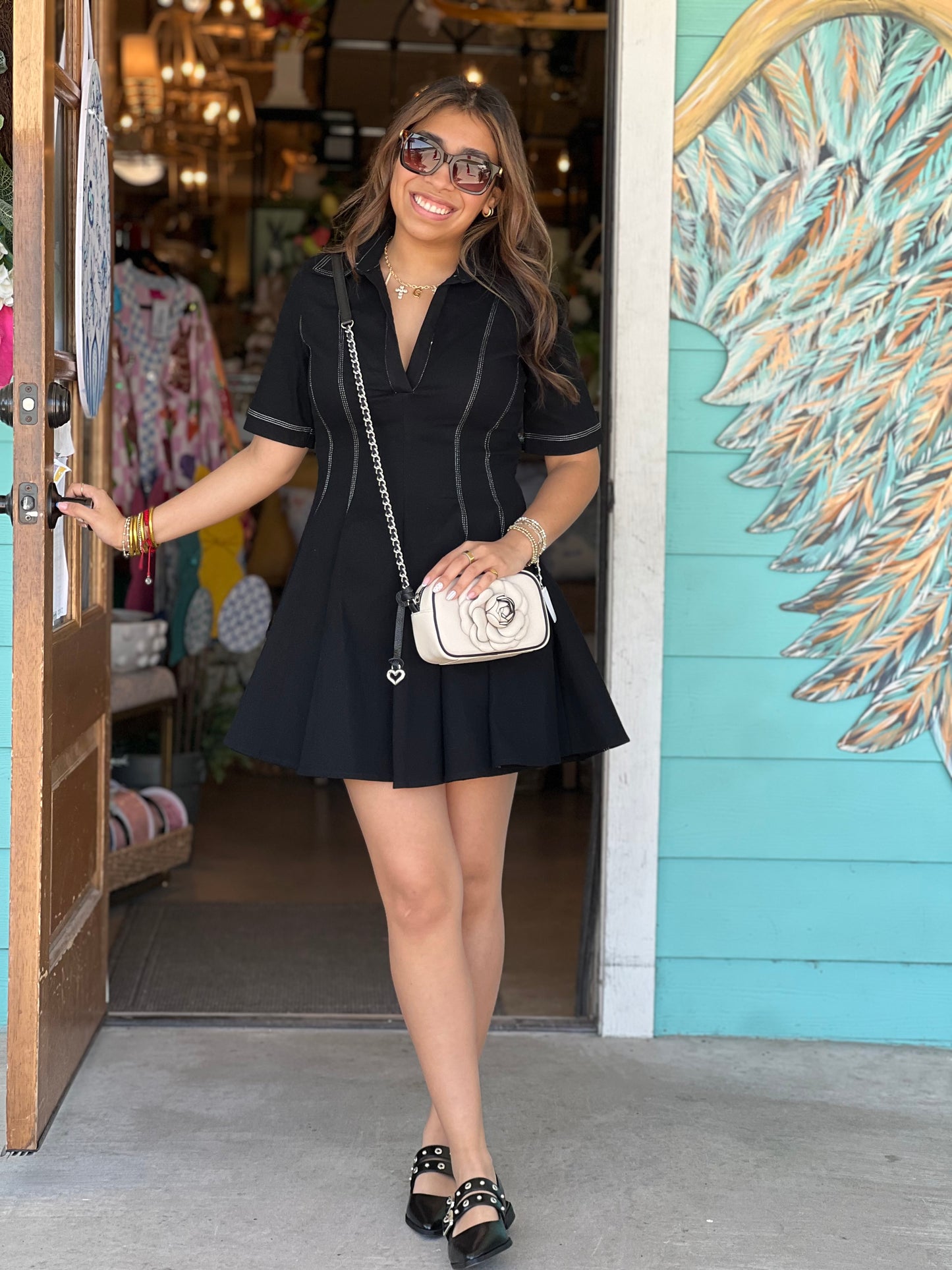 Black Topstitch Detail Mini Dress