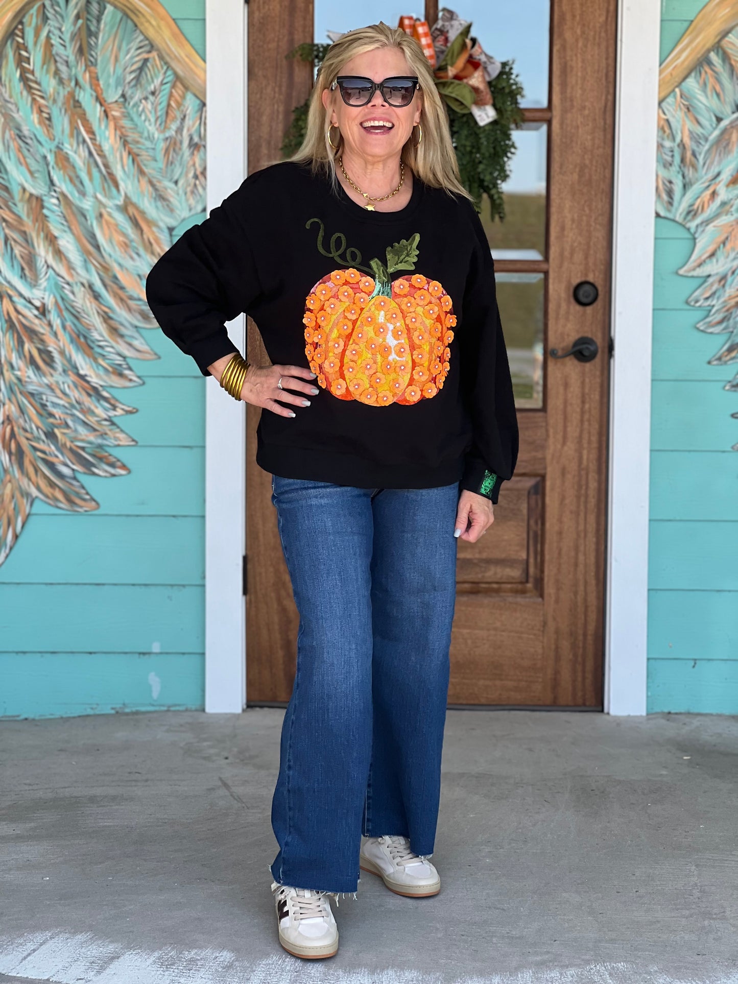 Queen of Sparkles Orange Sequin Pumpkin Sweatshirt