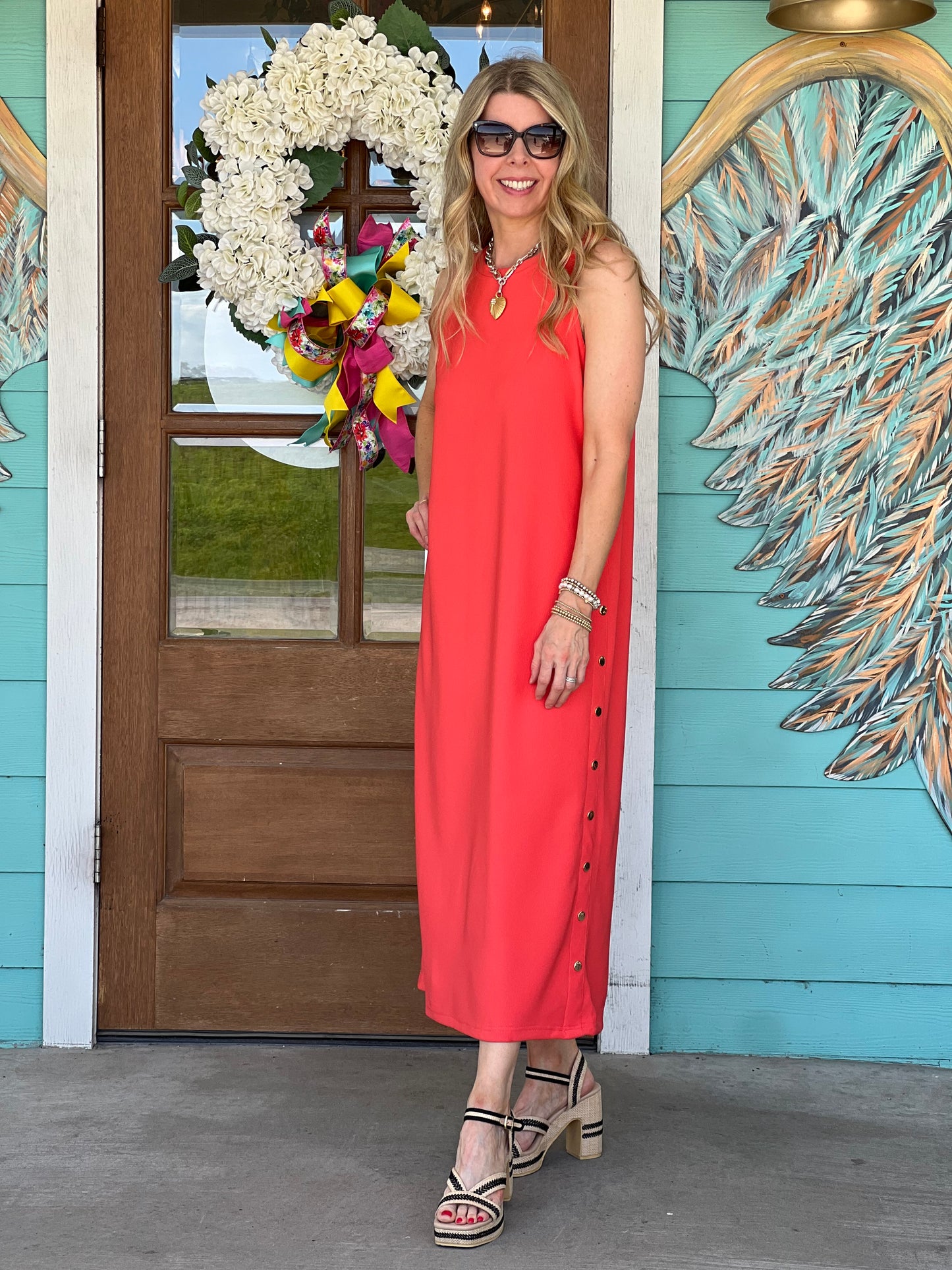 Vivid Coral Gold Button Maxi Dress