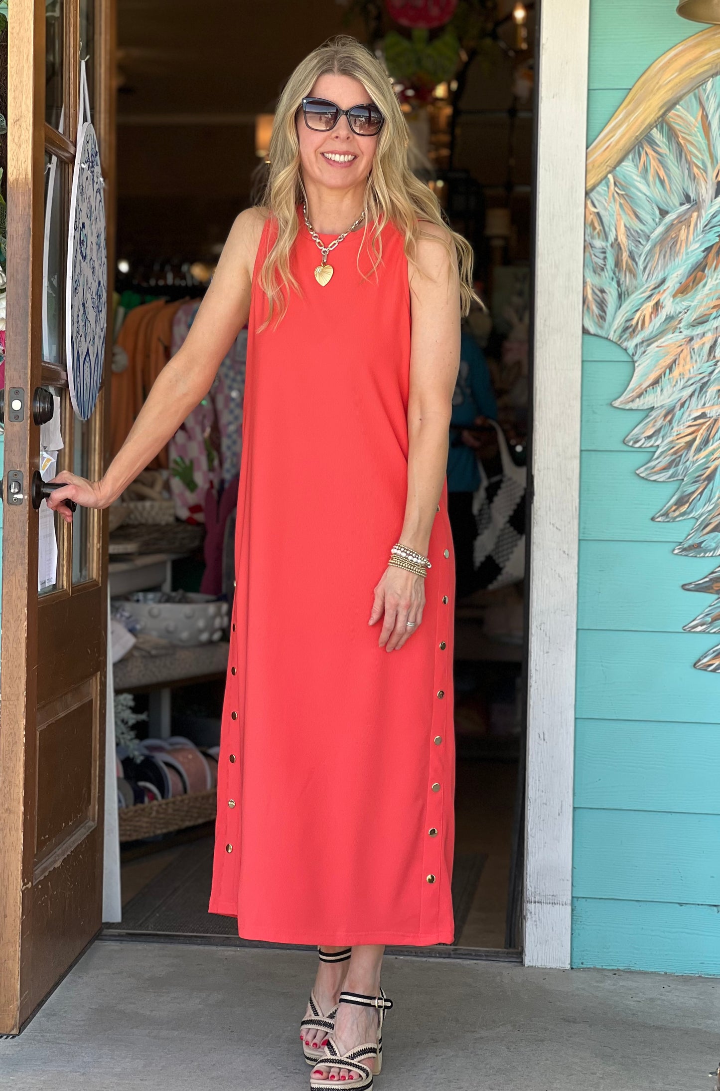 Vivid Coral Gold Button Maxi Dress