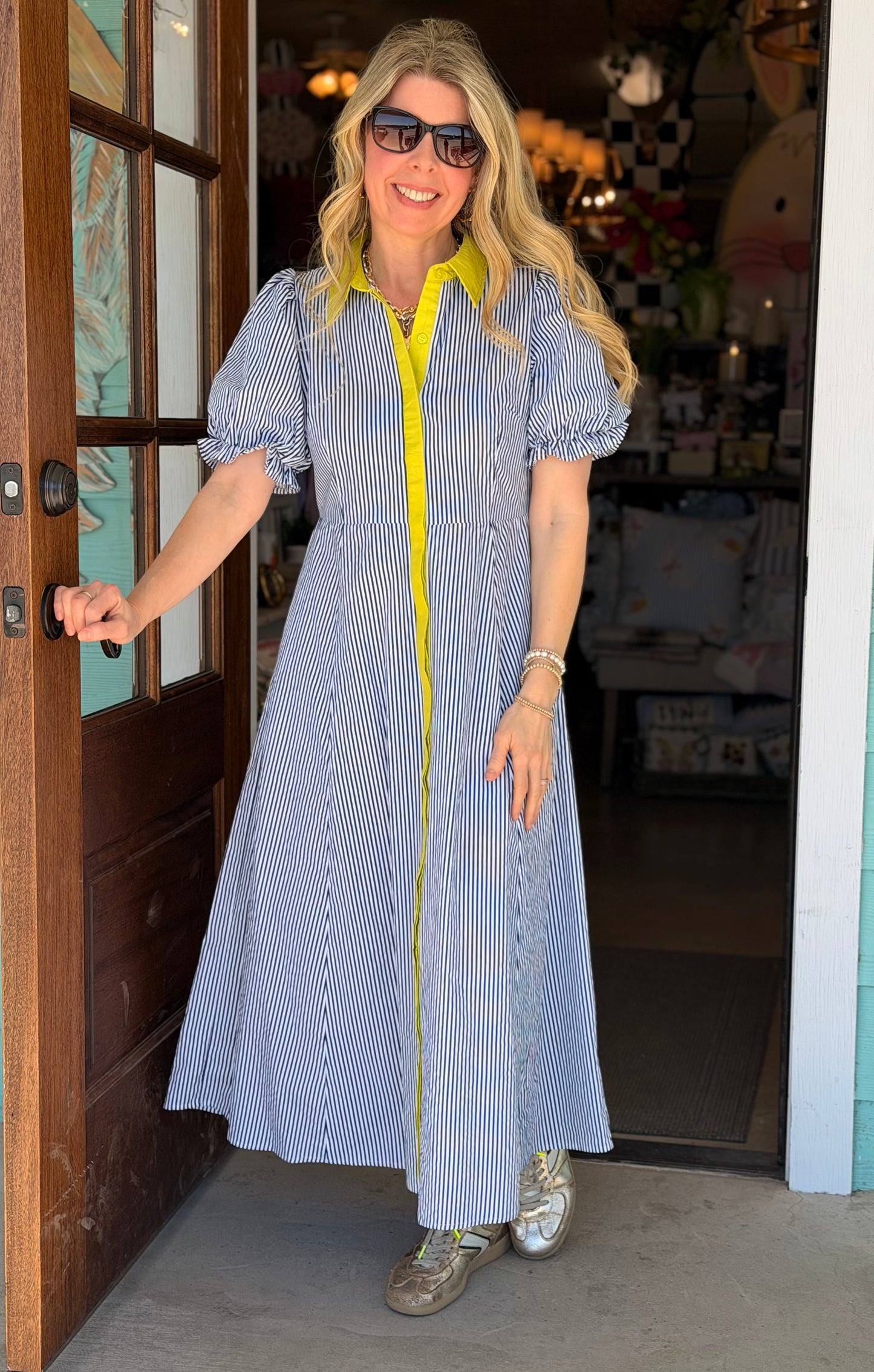 Navy Stripe Lime Trim Dress