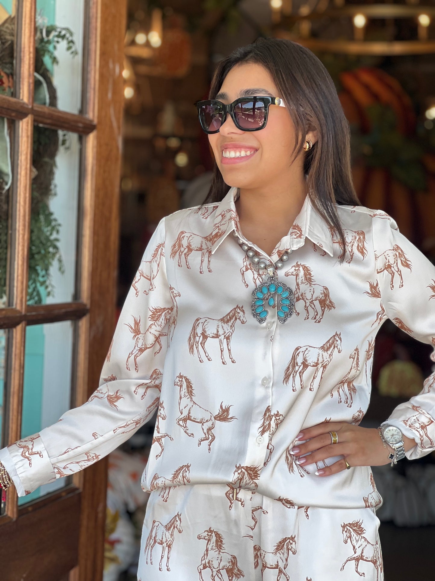 Ivory Taupe Horse Button Down Shirt