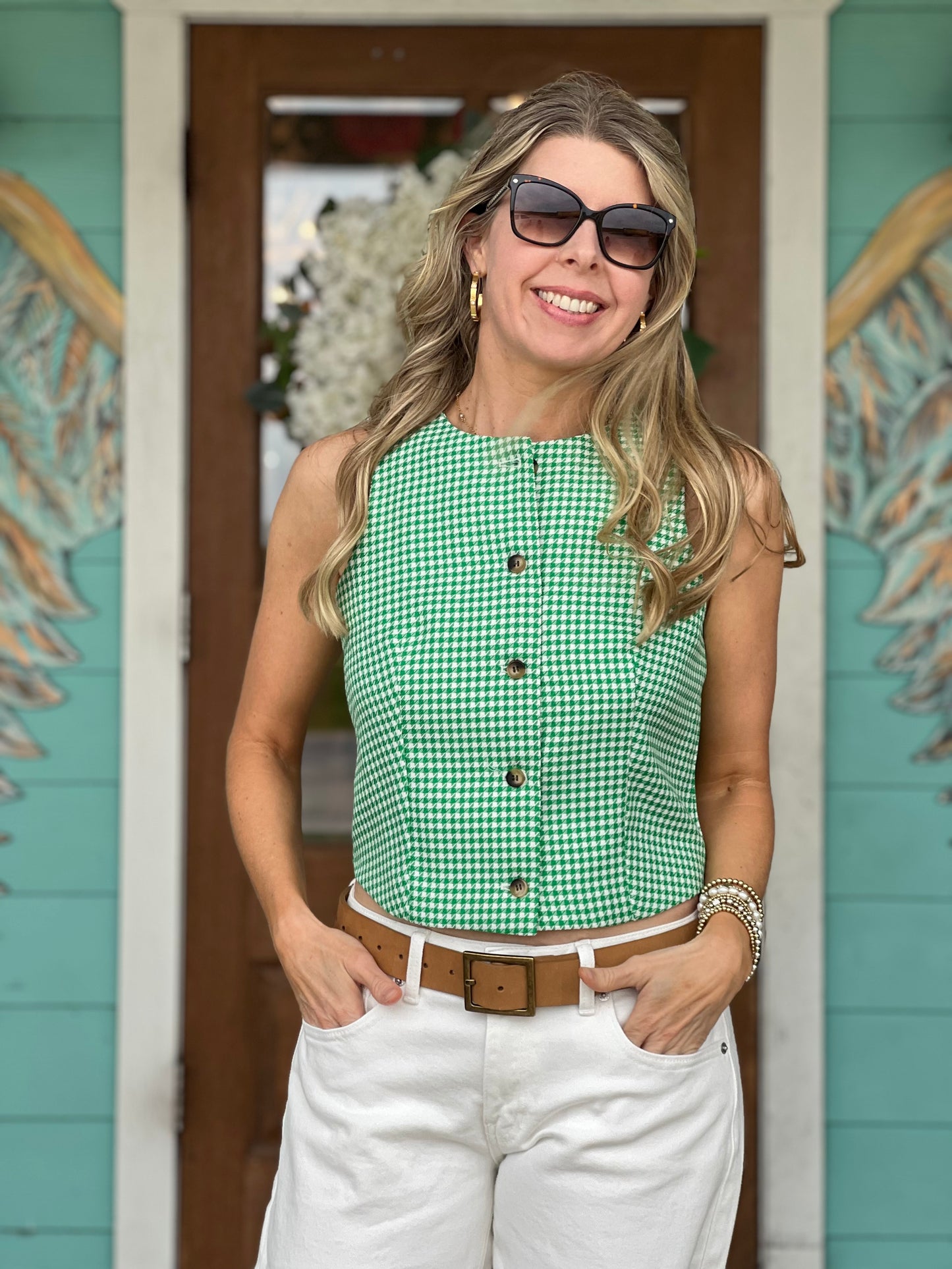 Green Houndstooth Button Up Vest