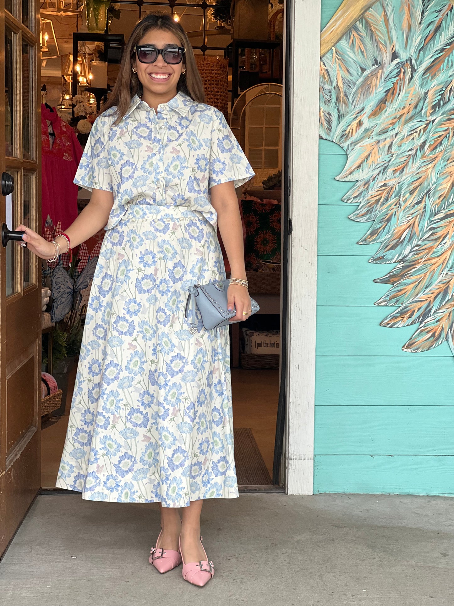 Blue Floral Pearl Detail Skirt