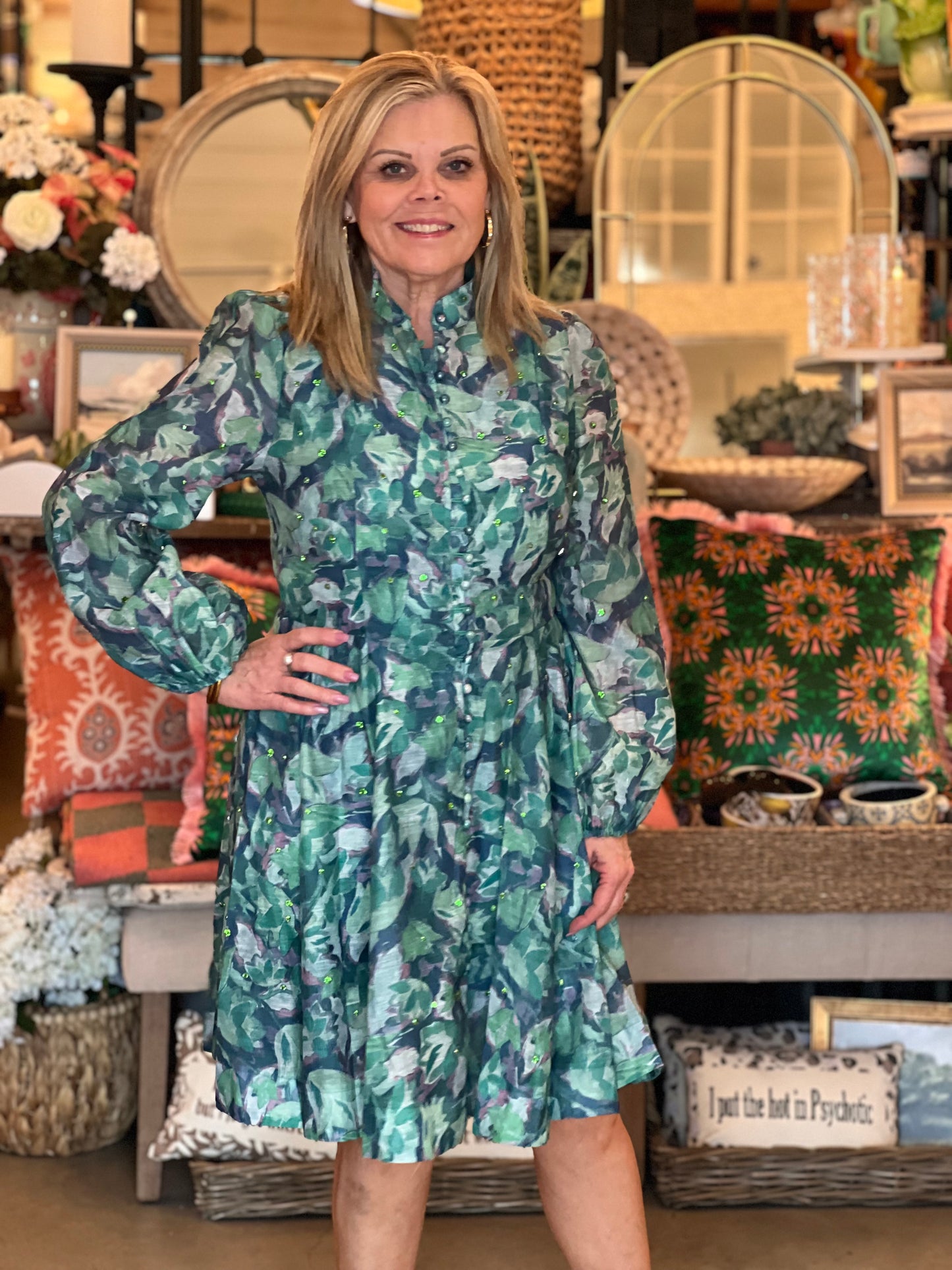 Green Floral Rhinestone Embellished Dress