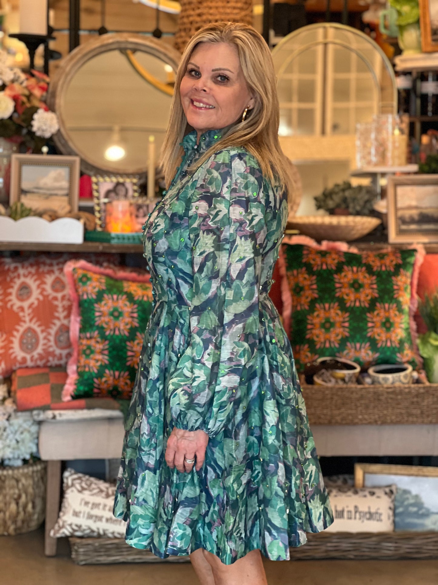 Green Floral Rhinestone Embellished Dress