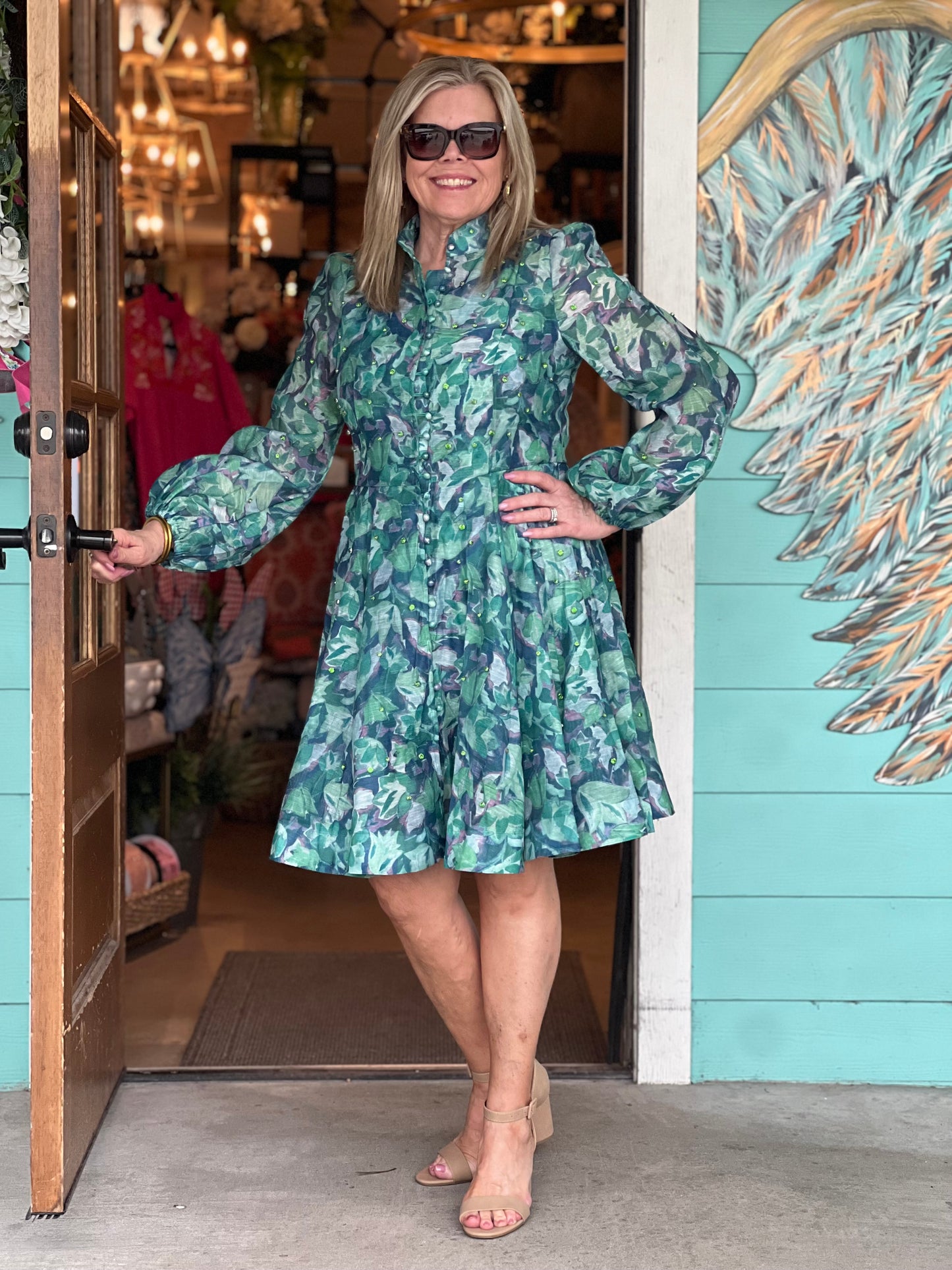 Green Floral Rhinestone Embellished Dress