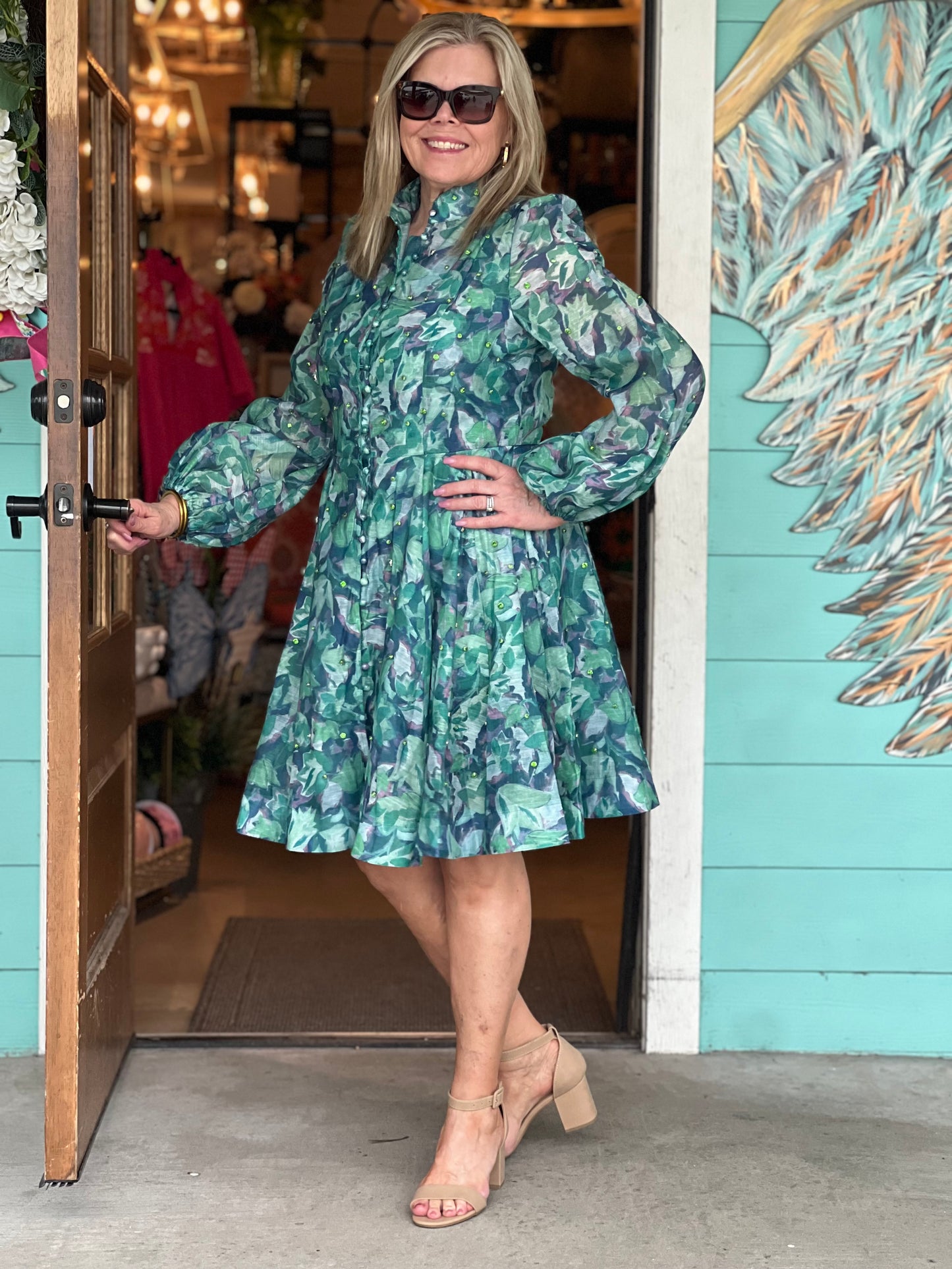 Green Floral Rhinestone Embellished Dress
