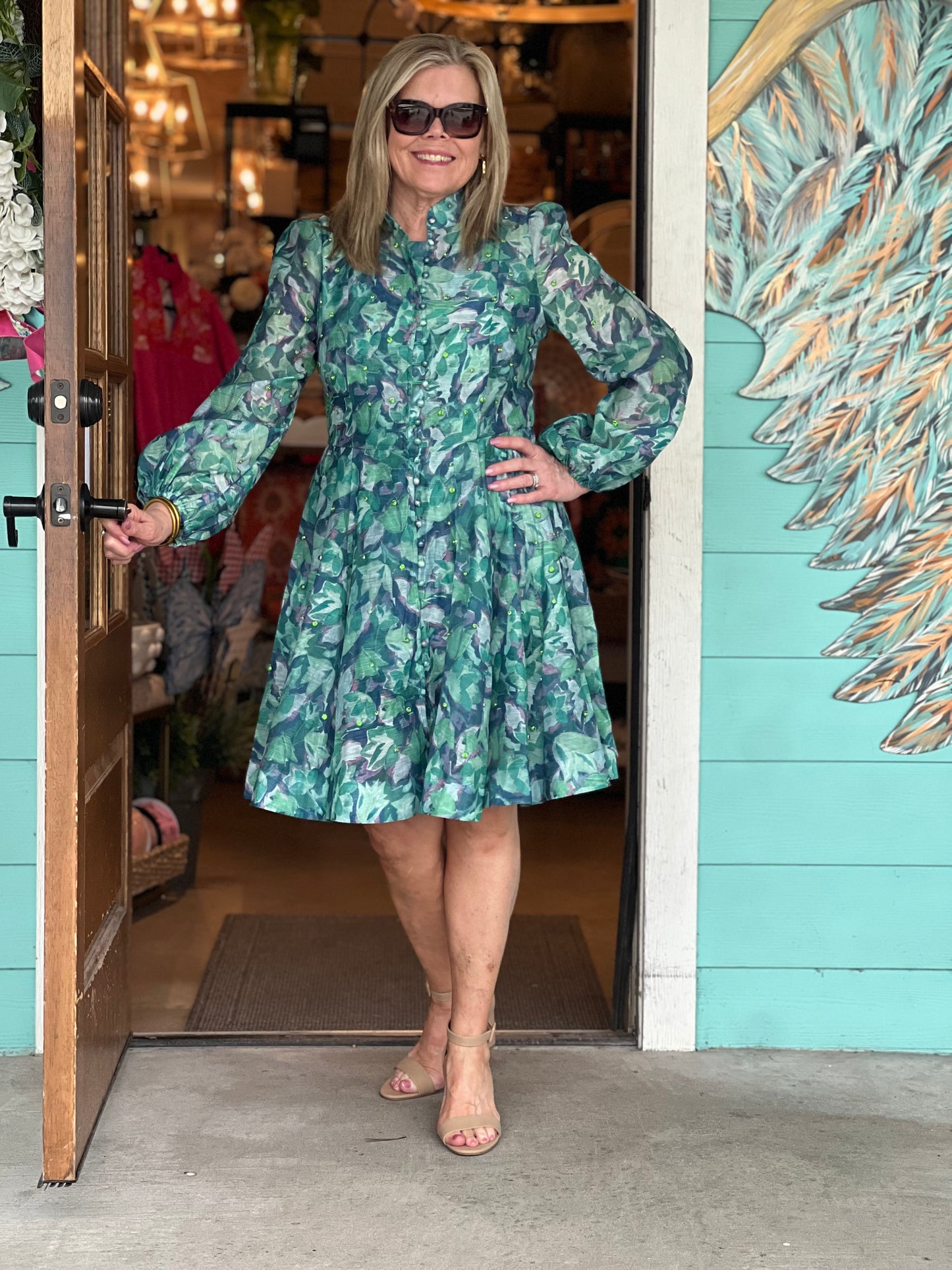 Green Floral Rhinestone Embellished Dress