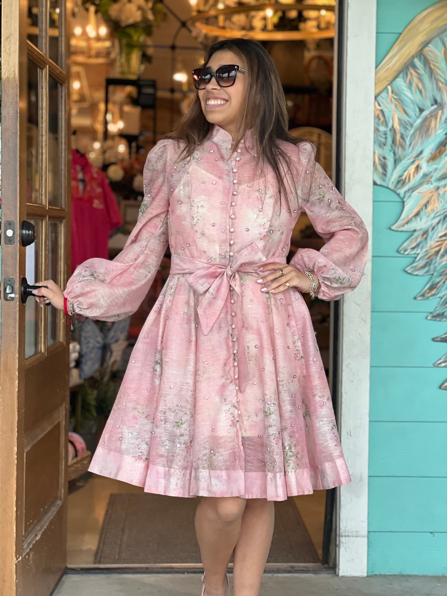 Pink Floral Rhinestone Embellished Dress