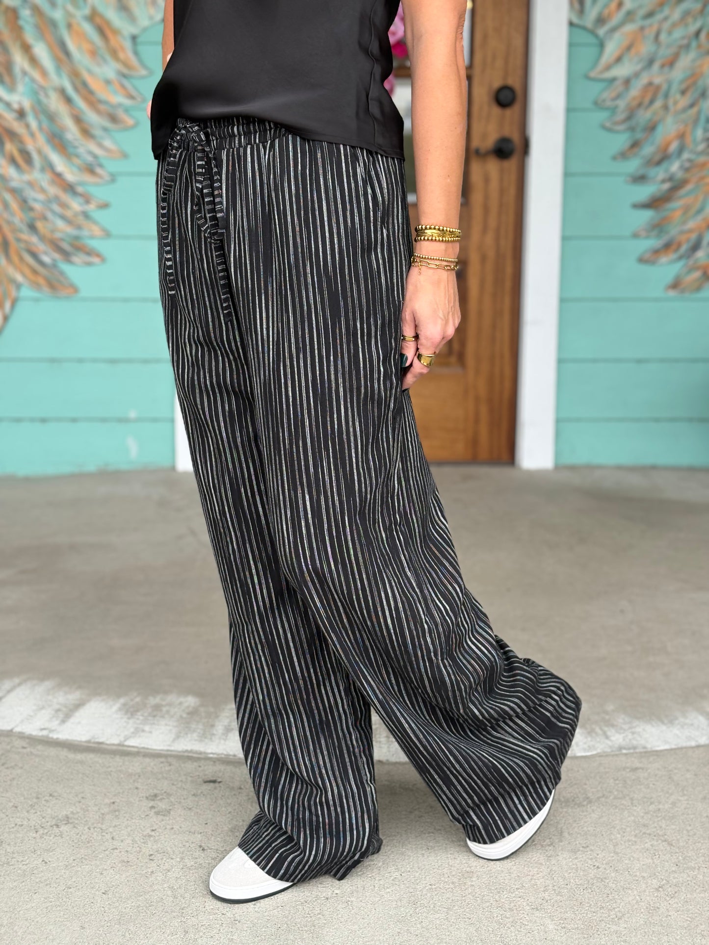 Black Stripe Elastic Wide Leg Pants