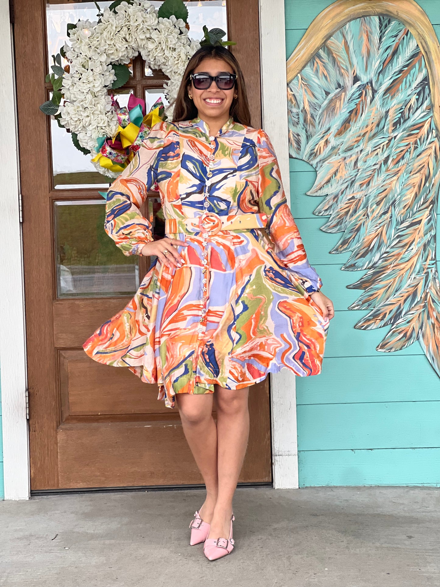Multi Print Rhinestone Button Dress