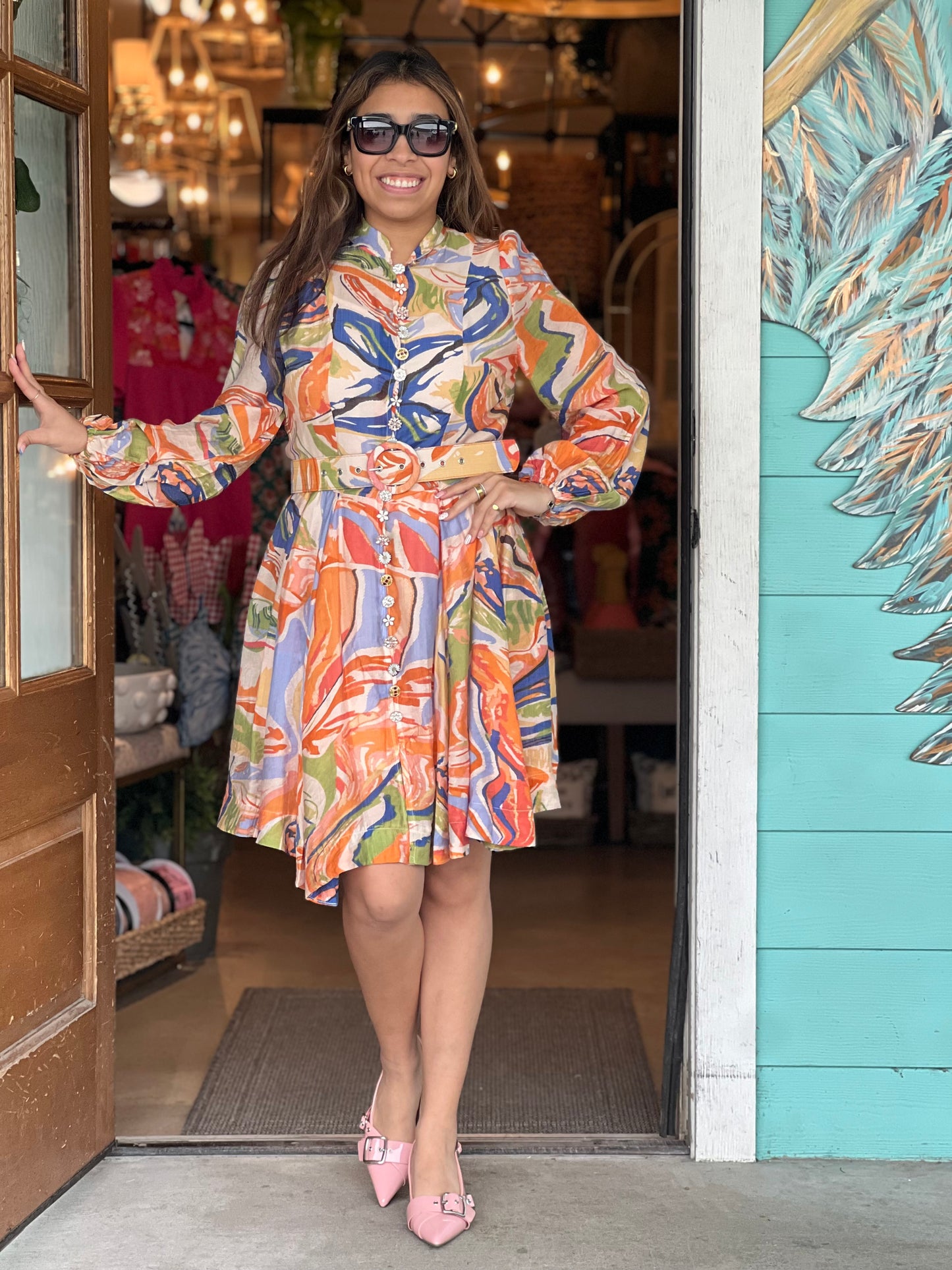 Multi Print Rhinestone Button Dress