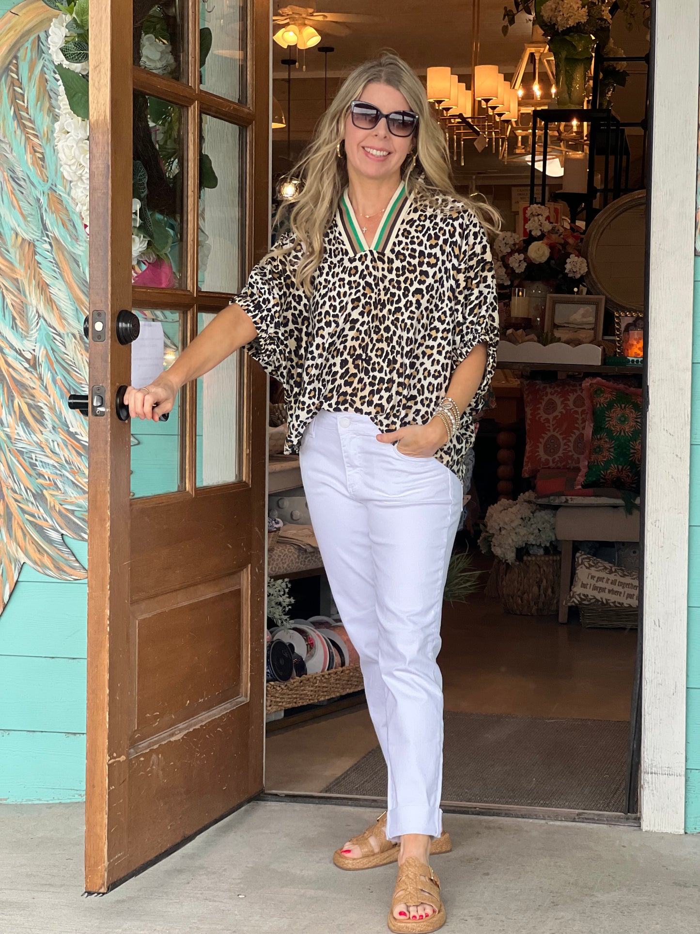 Leopard with Green Stripe Detail Top