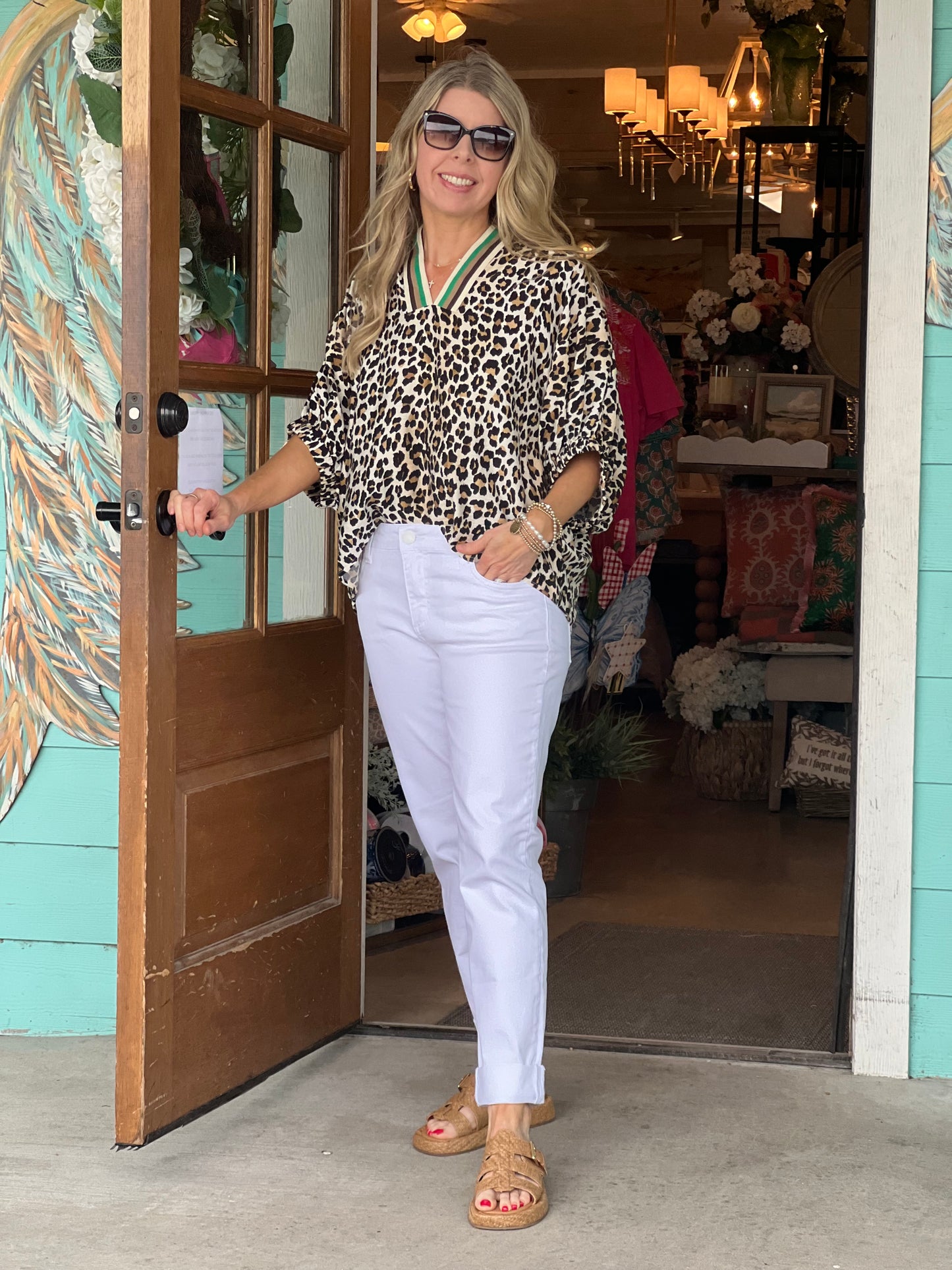 Leopard with Green Stripe Detail Top