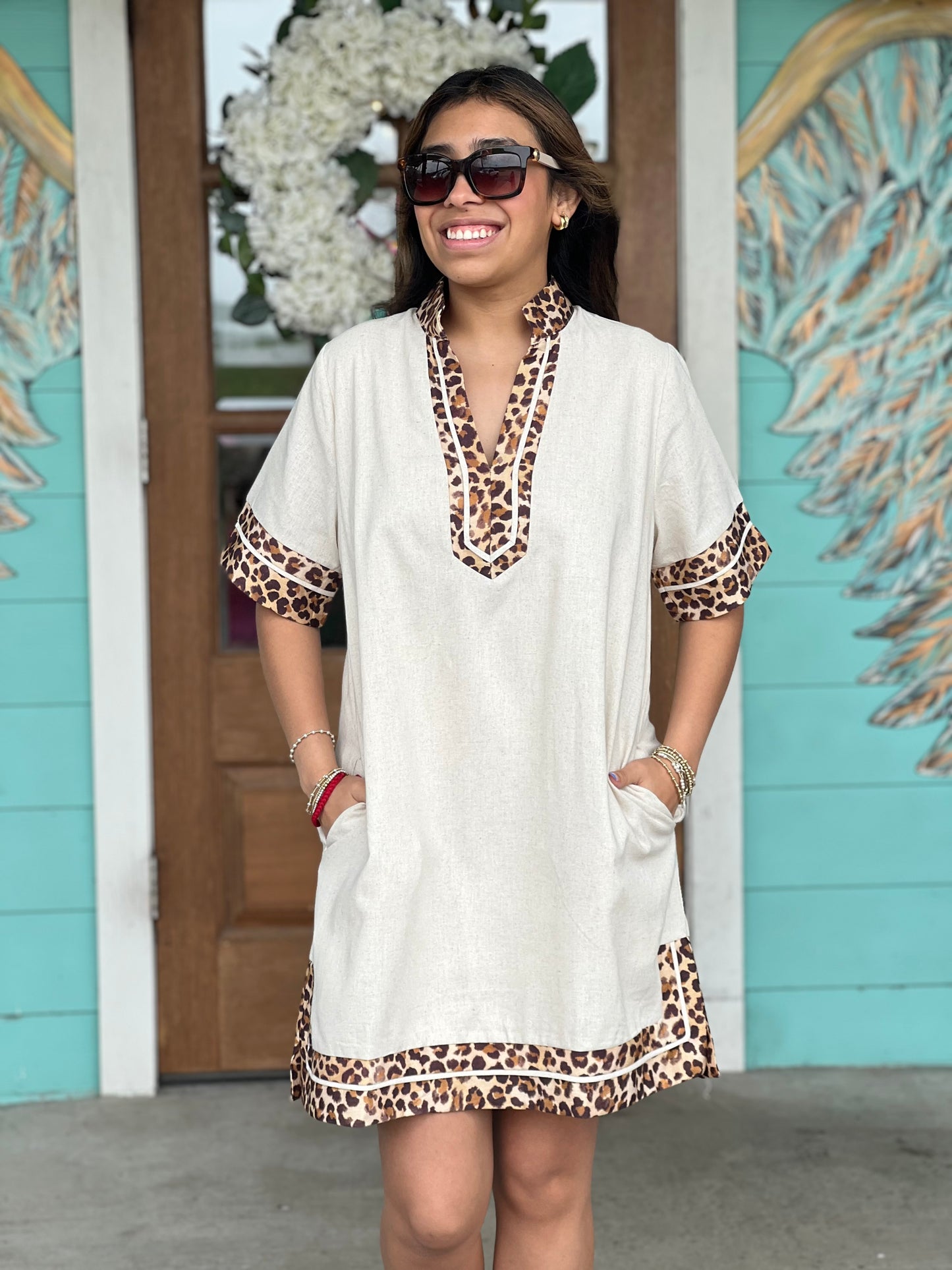 Oatmeal Leopard Trim Dress