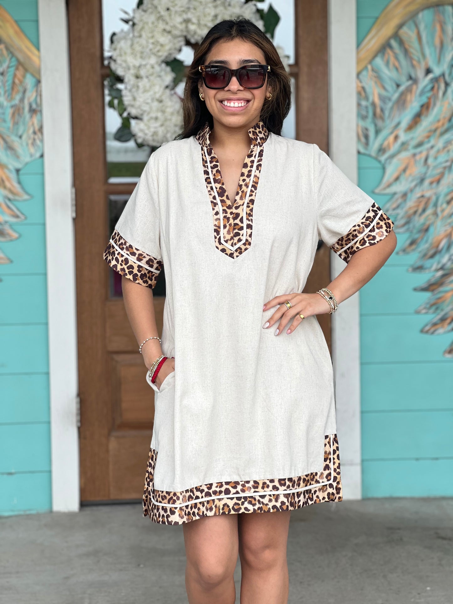 Oatmeal Leopard Trim Dress