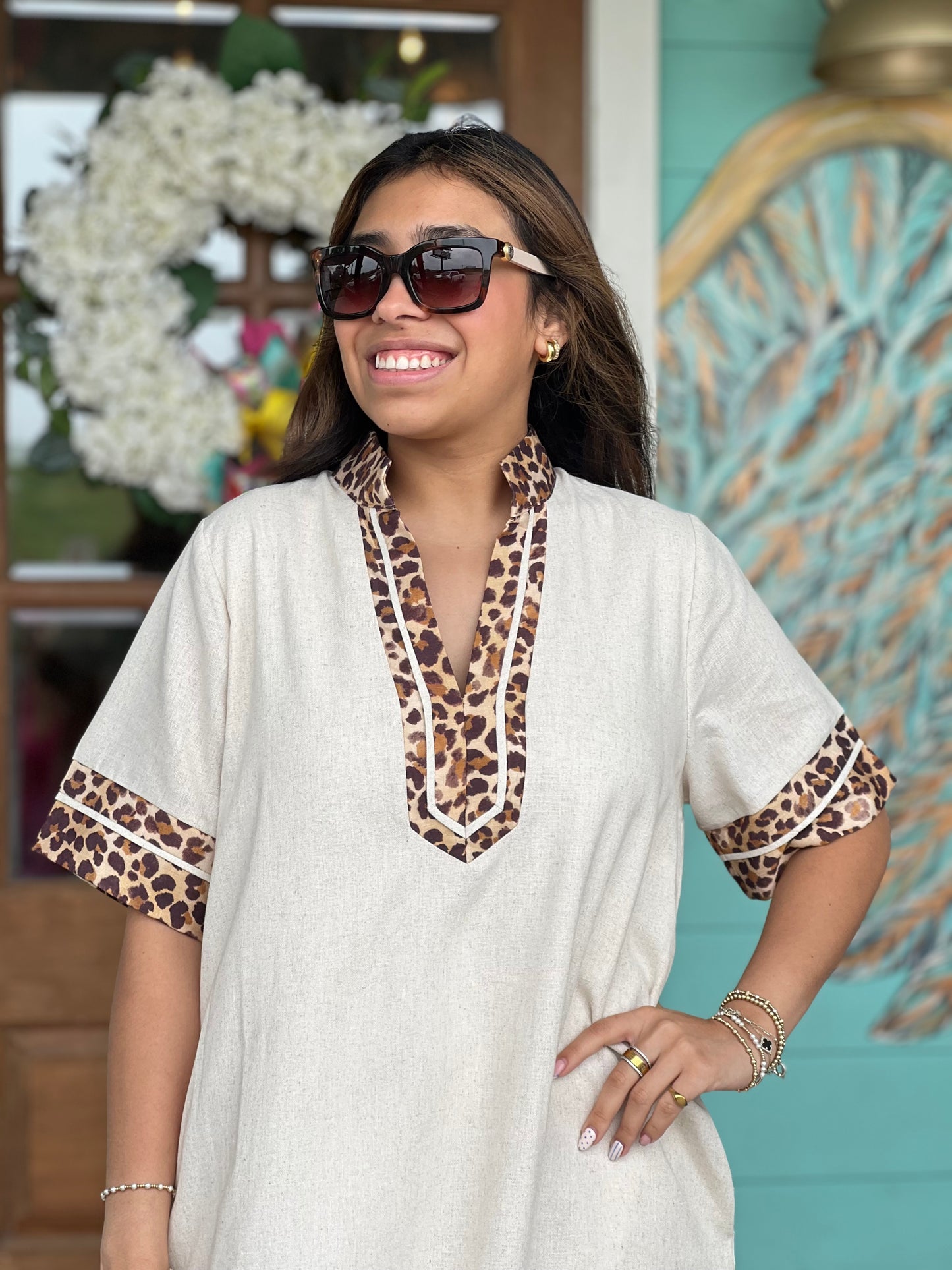 Oatmeal Leopard Trim Dress