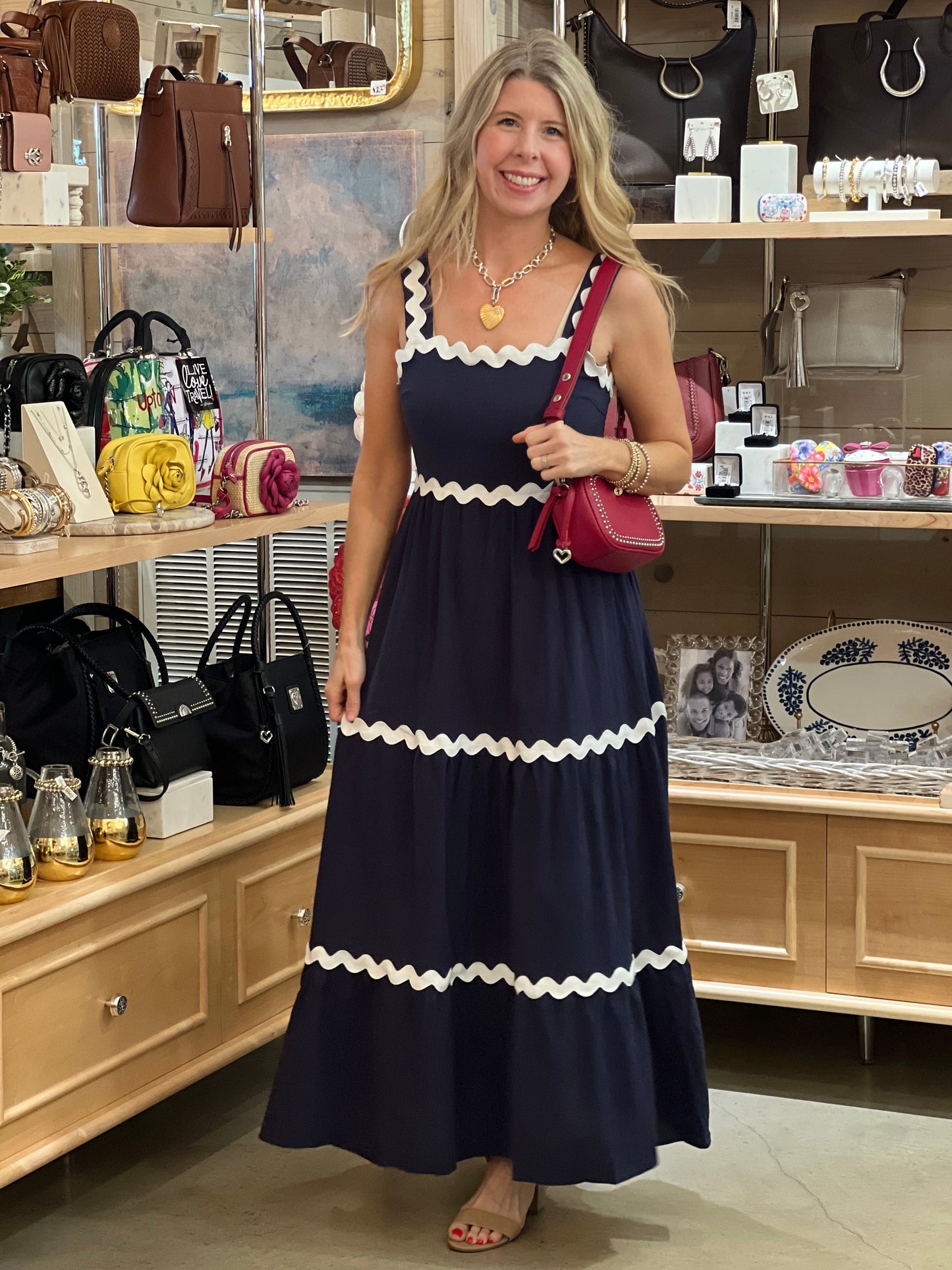 Navy Ric Rac Contrast Trim Midi Dress