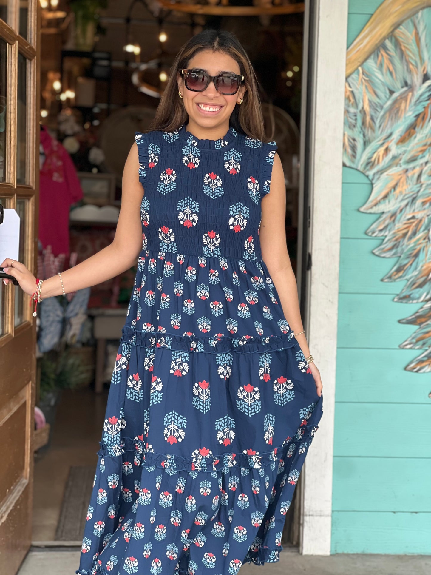 Navy Ward Smocked Midi Dress