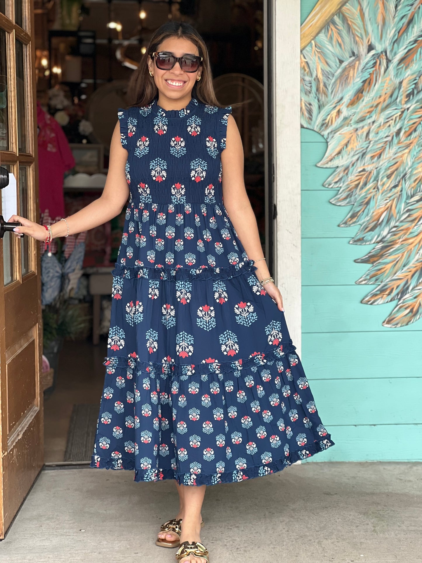 Navy Ward Smocked Midi Dress