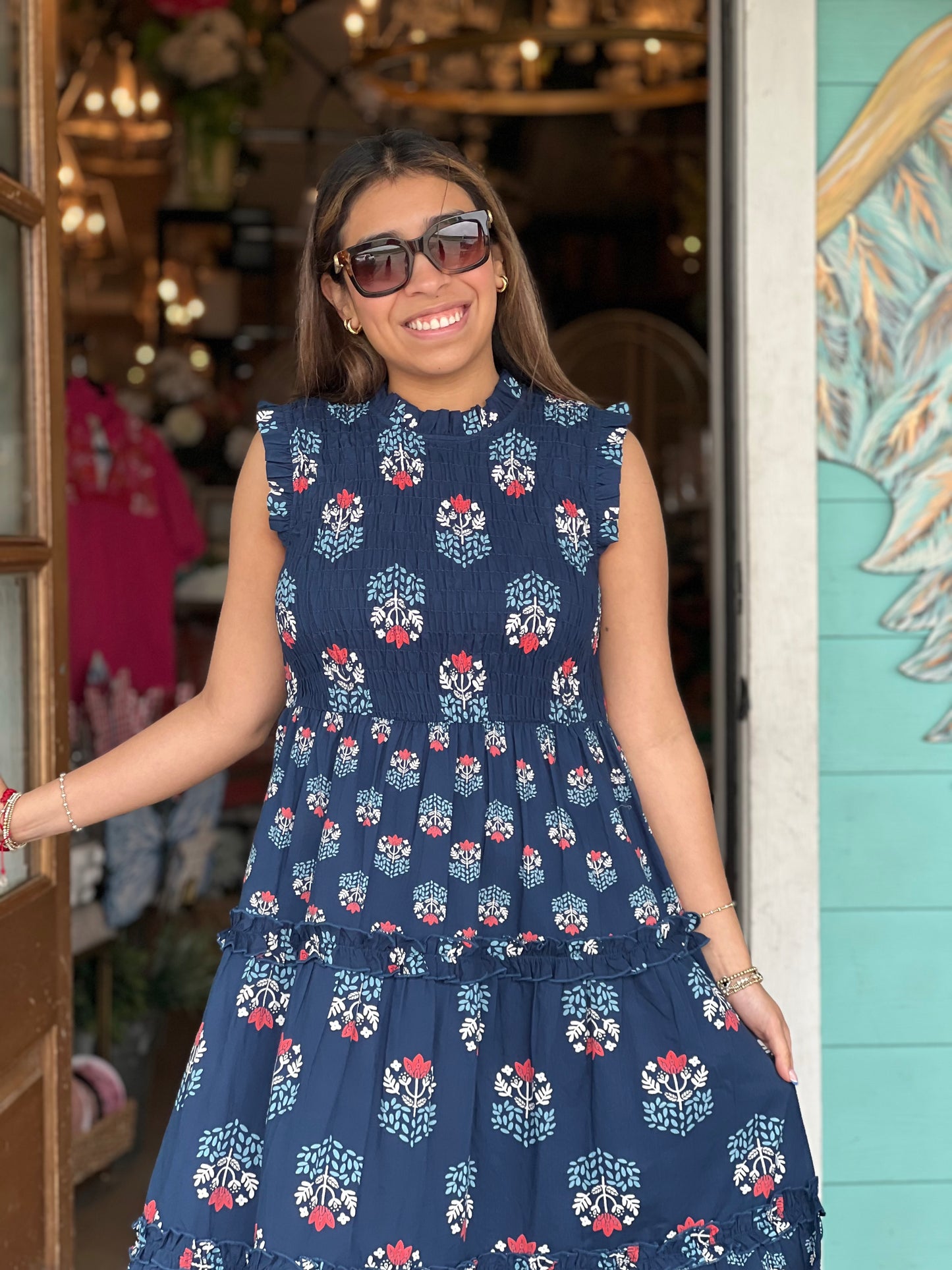 Navy Ward Smocked Midi Dress
