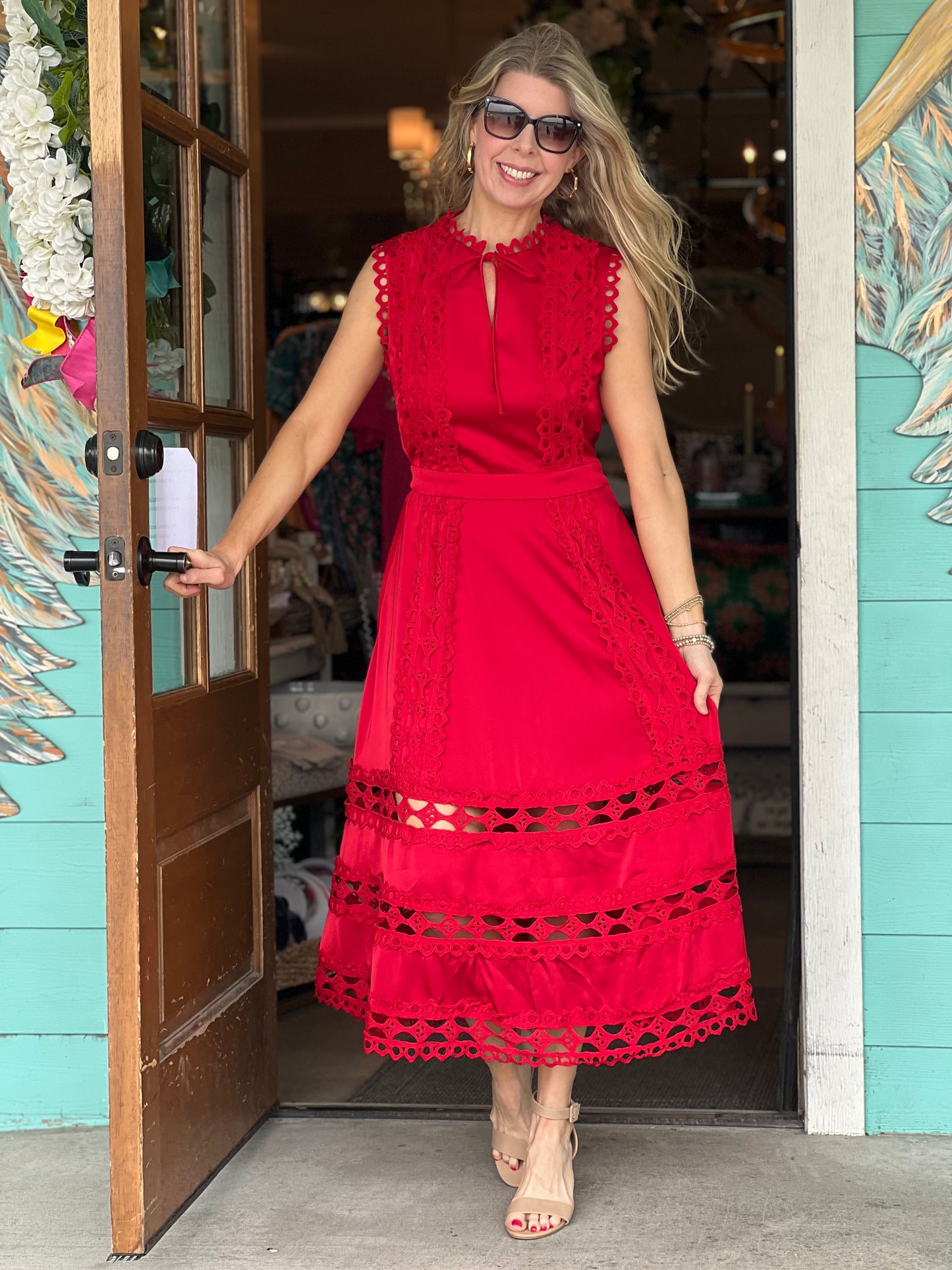 Red Crochet Scallop Trim Dress