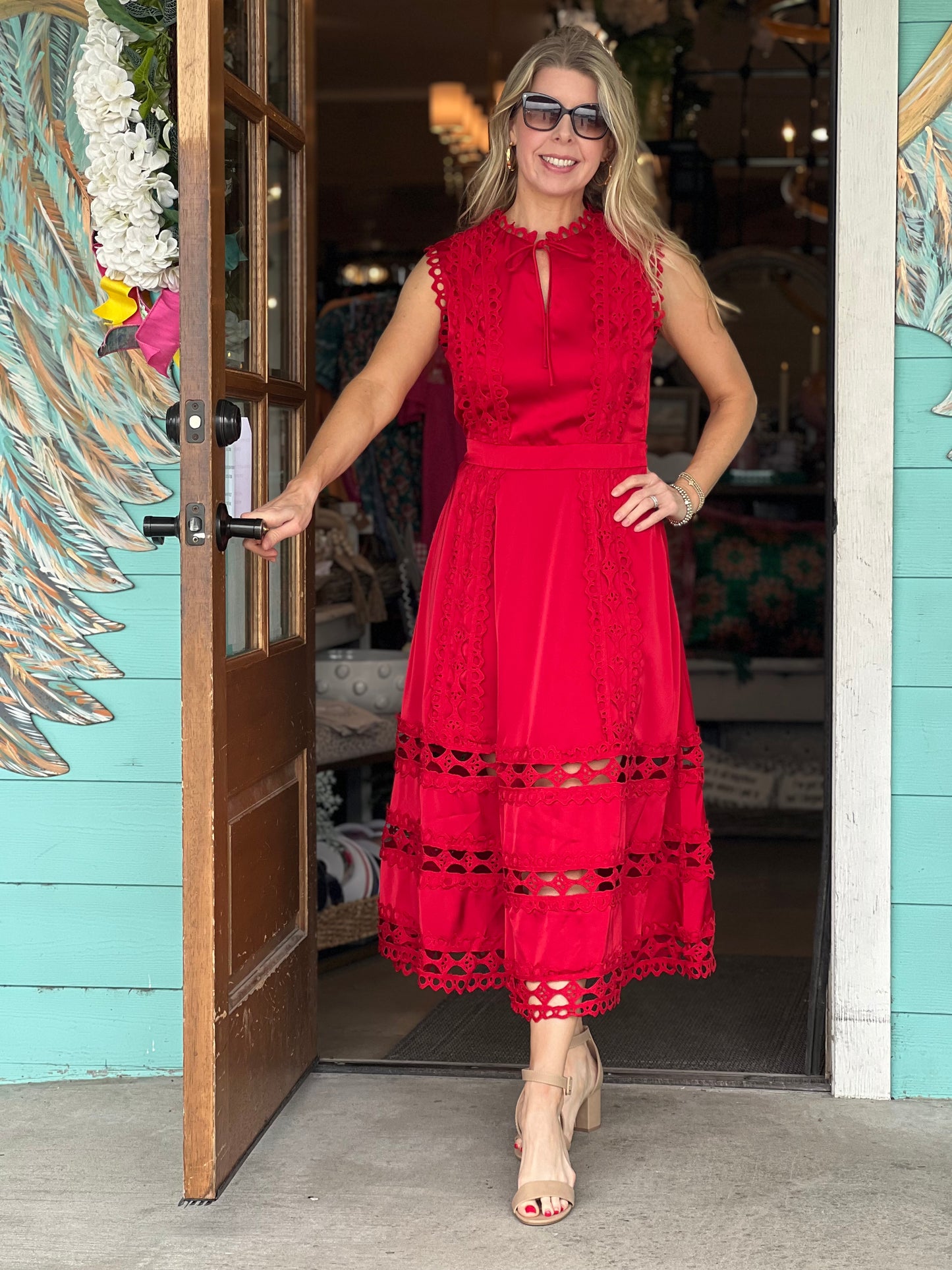 Red Crochet Scallop Trim Dress