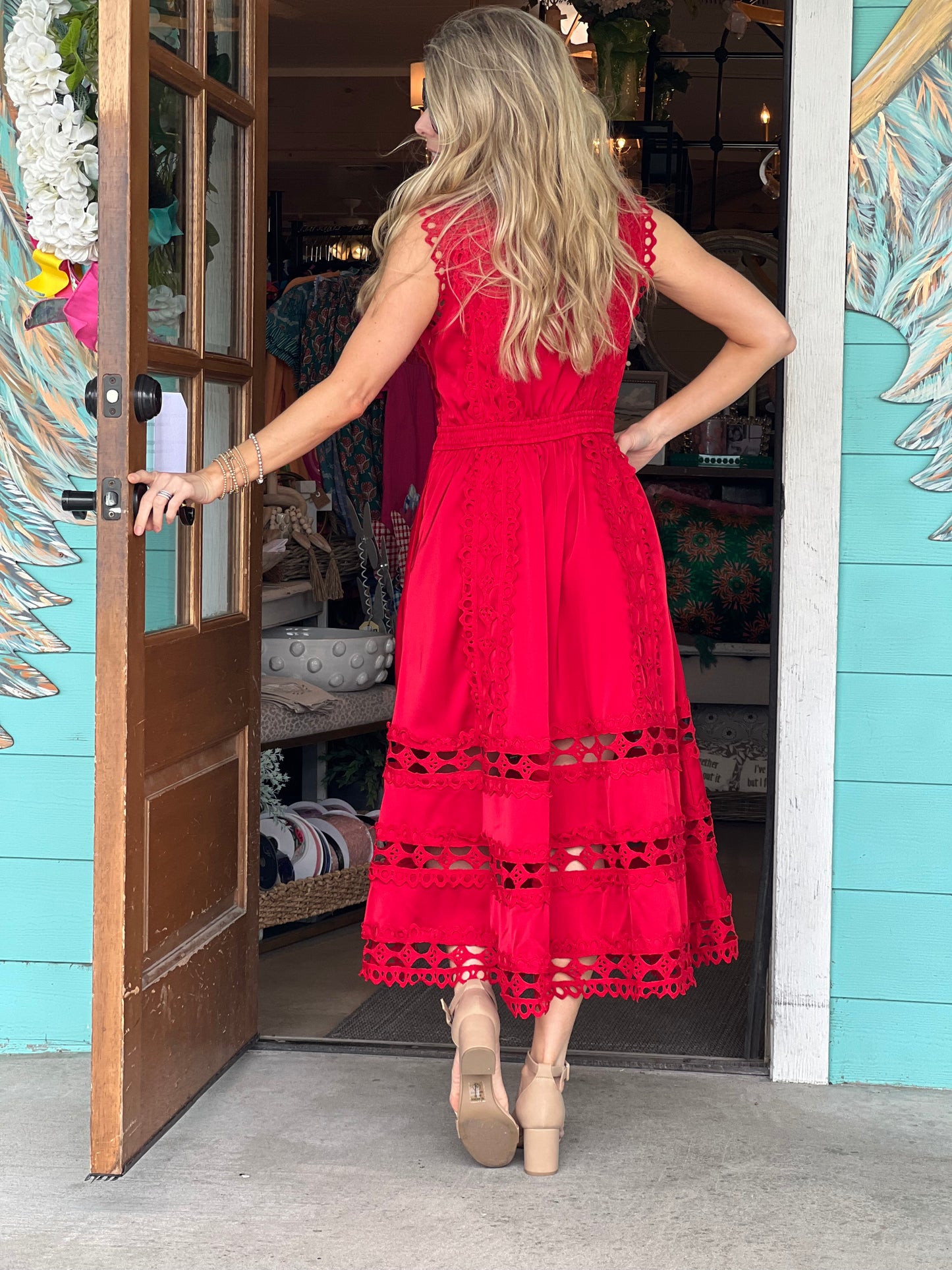 Red Crochet Scallop Trim Dress