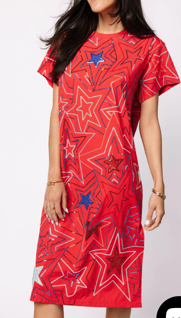 Queen of Sparkles Red Groovy Star Midi Dress