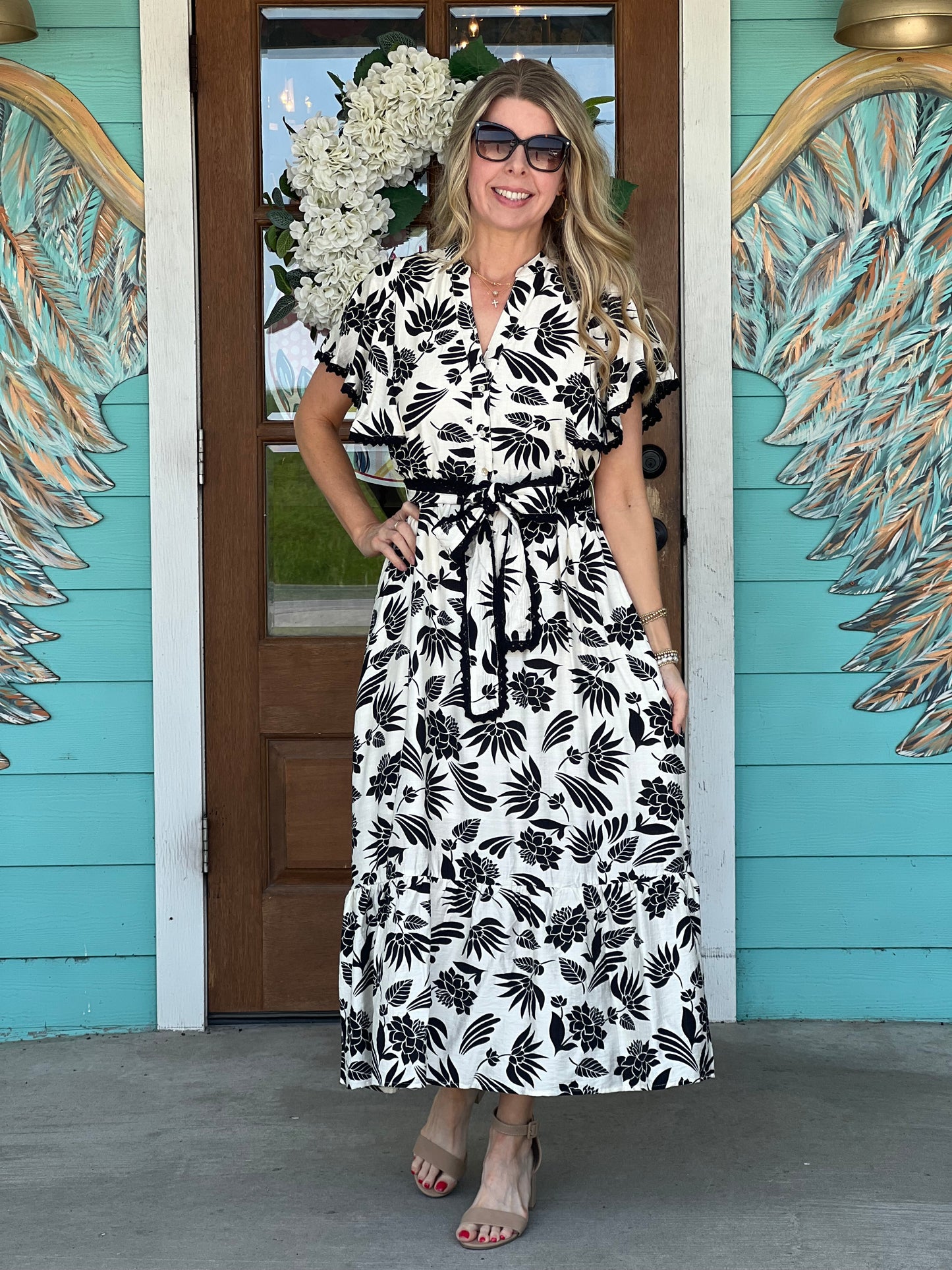 Black Floral Print Midi Dress