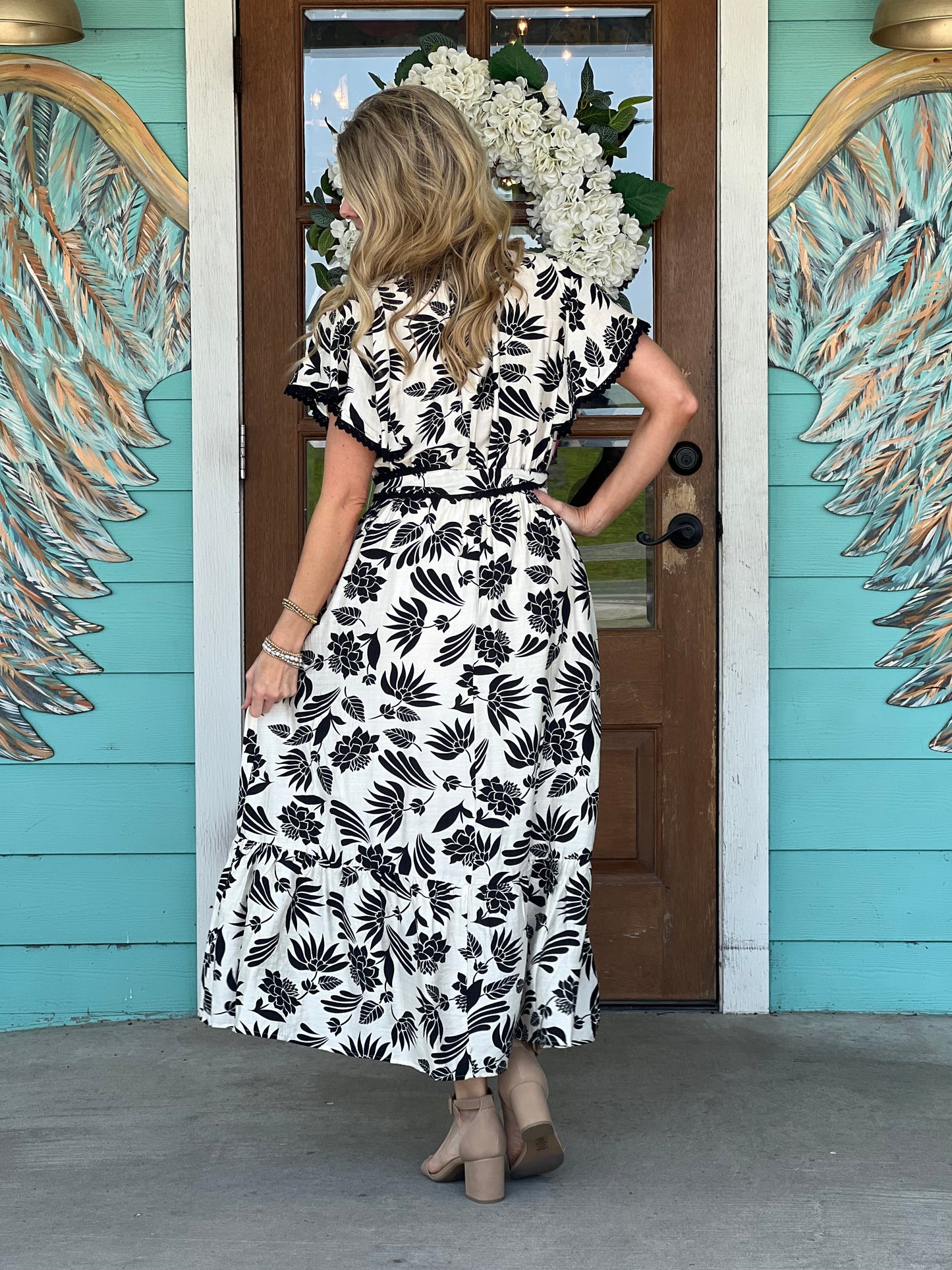 Black Floral Print Midi Dress