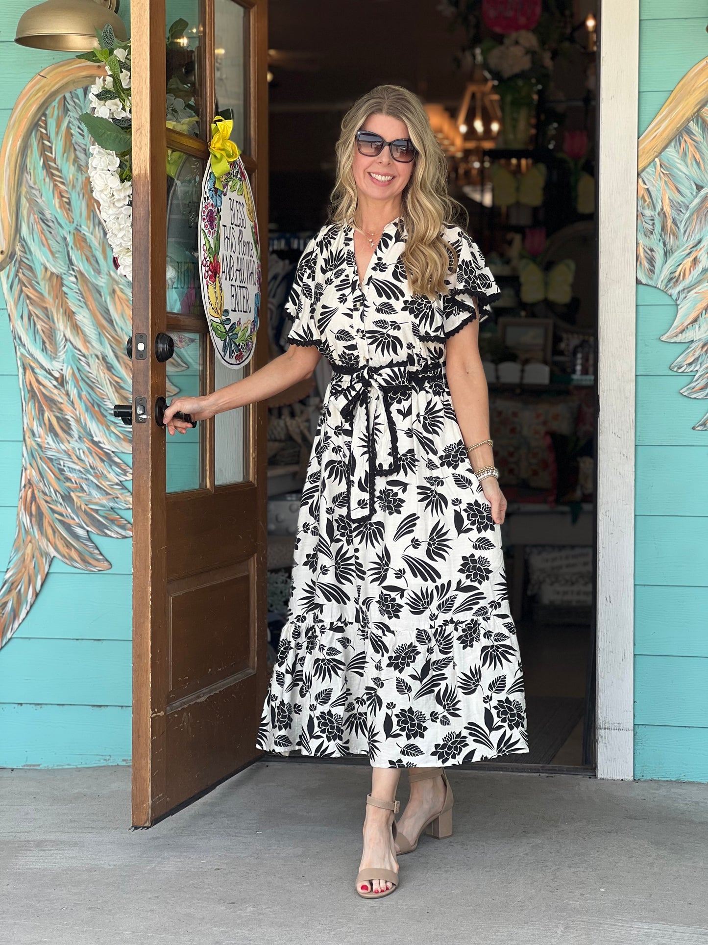 Black Floral Print Midi Dress