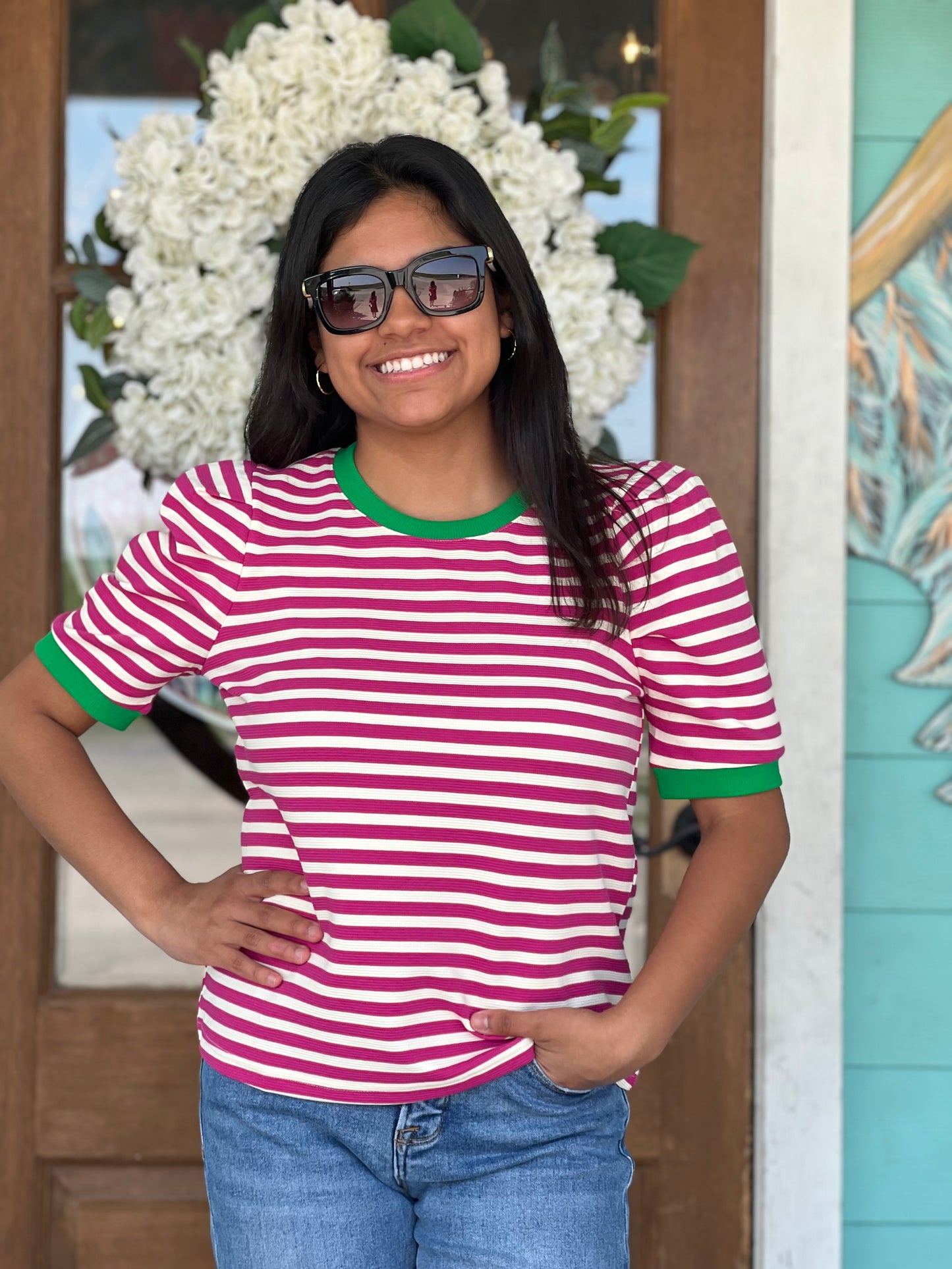 Hot Pink Stripe Puff Sleeve Top