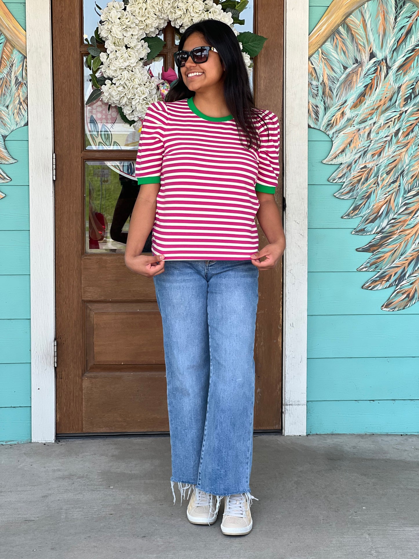 Hot Pink Stripe Puff Sleeve Top