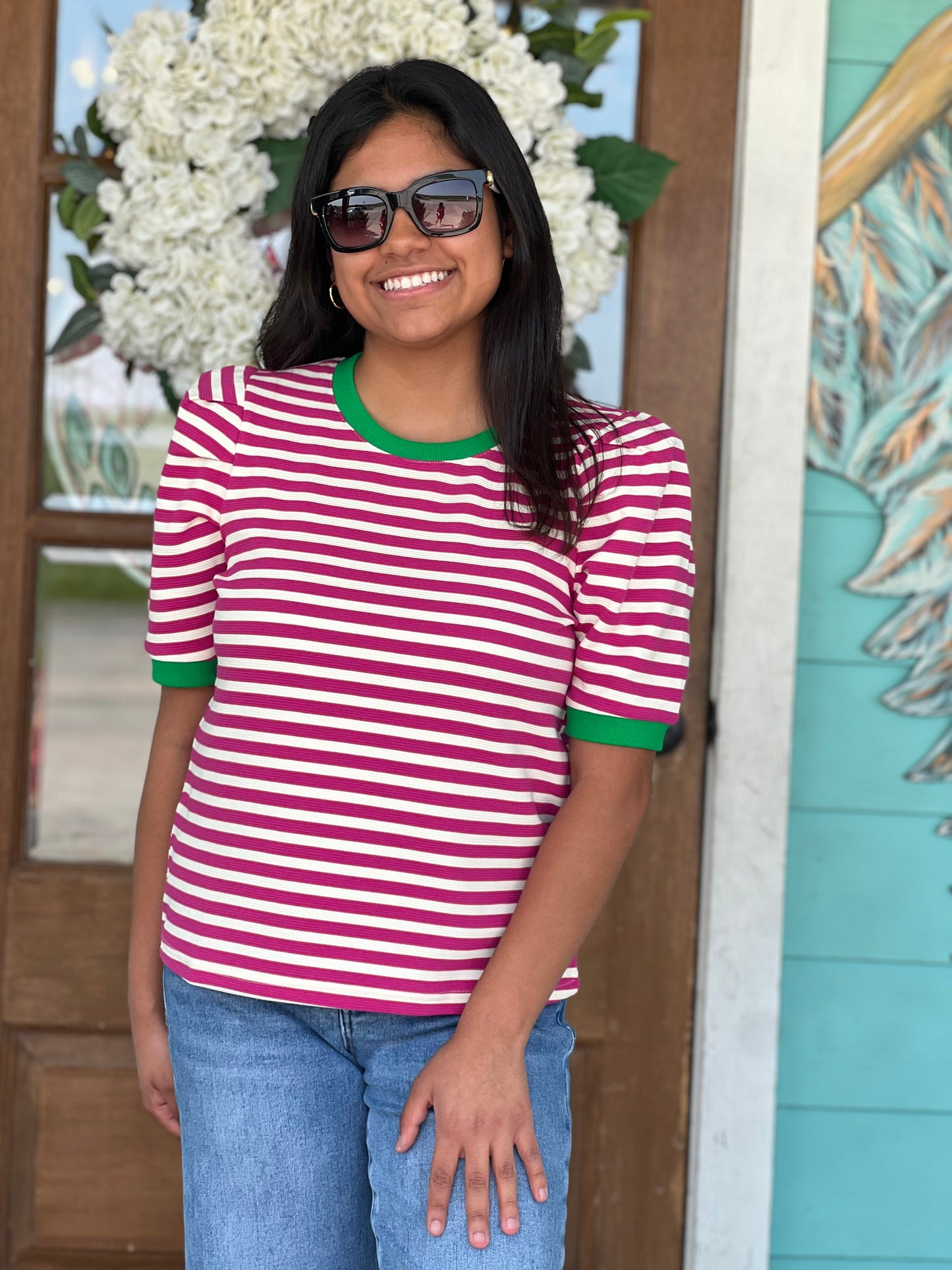 Hot Pink Stripe Puff Sleeve Top
