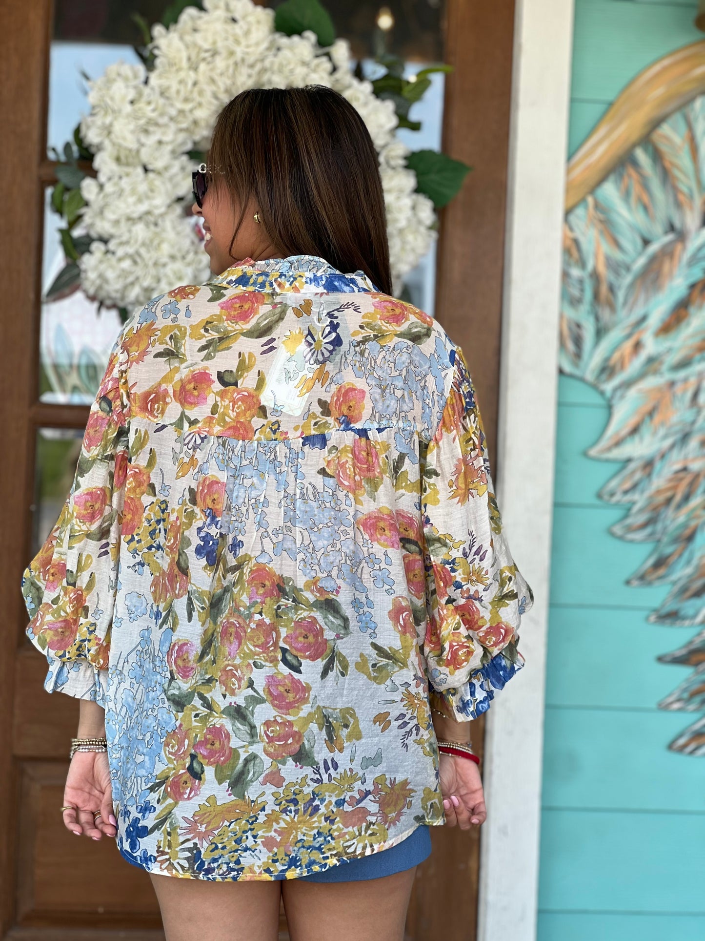 Blue Floral Mix Balloon Sleeve Top