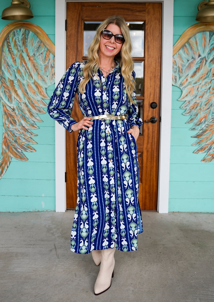 Navy Ava Ikat Stripe Dress