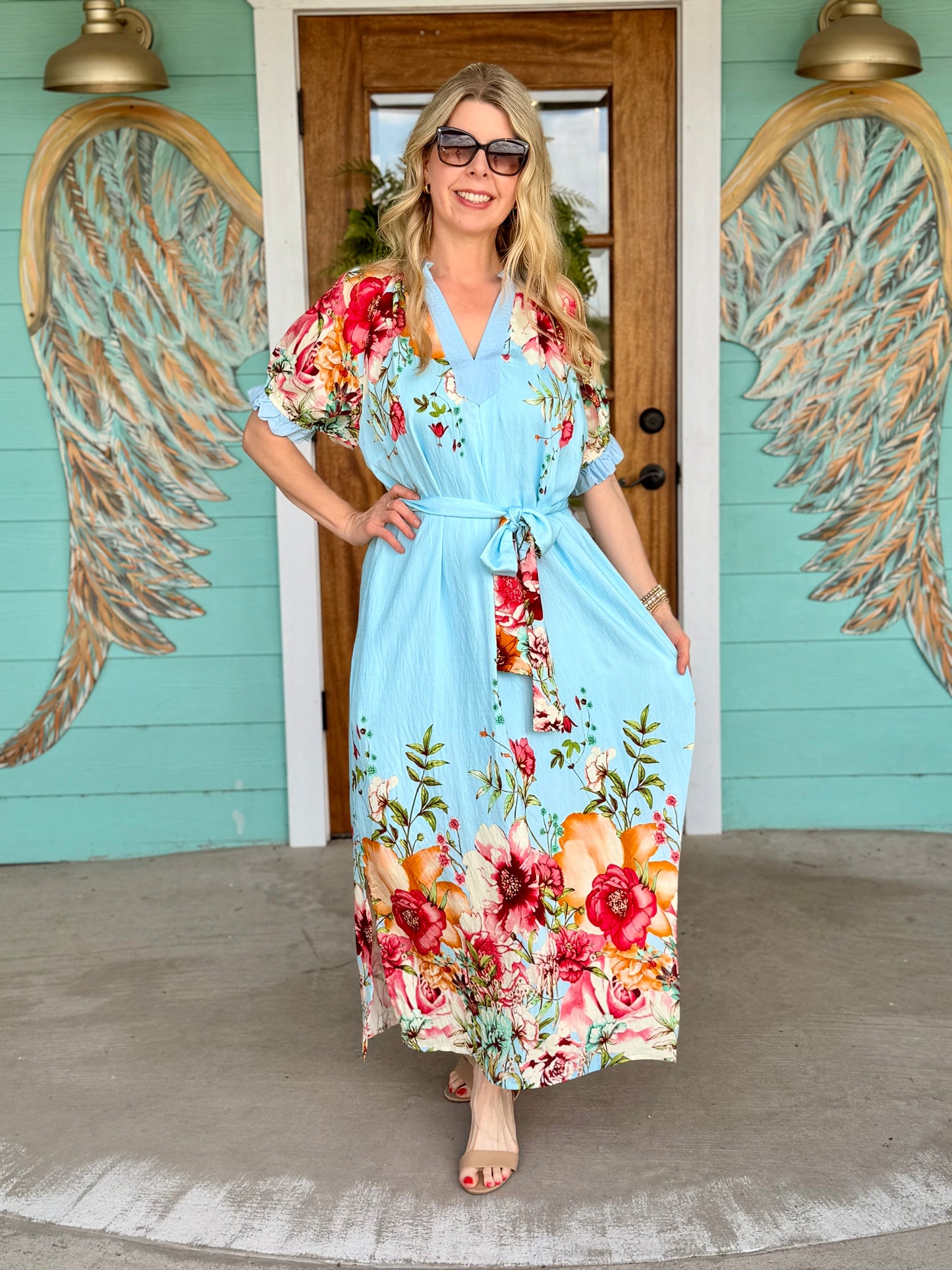 Aqua Blue Floral Midi Dress