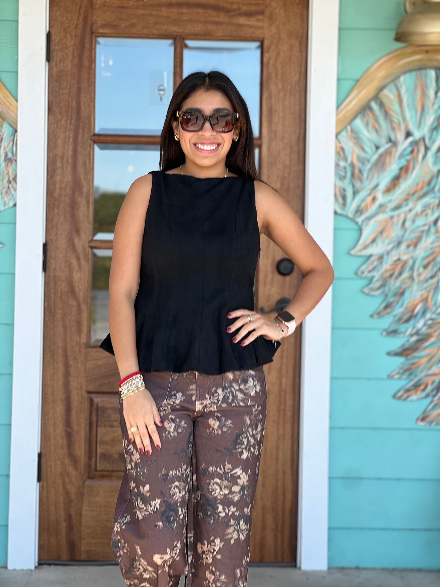 Black Peplum Faux Suede Top