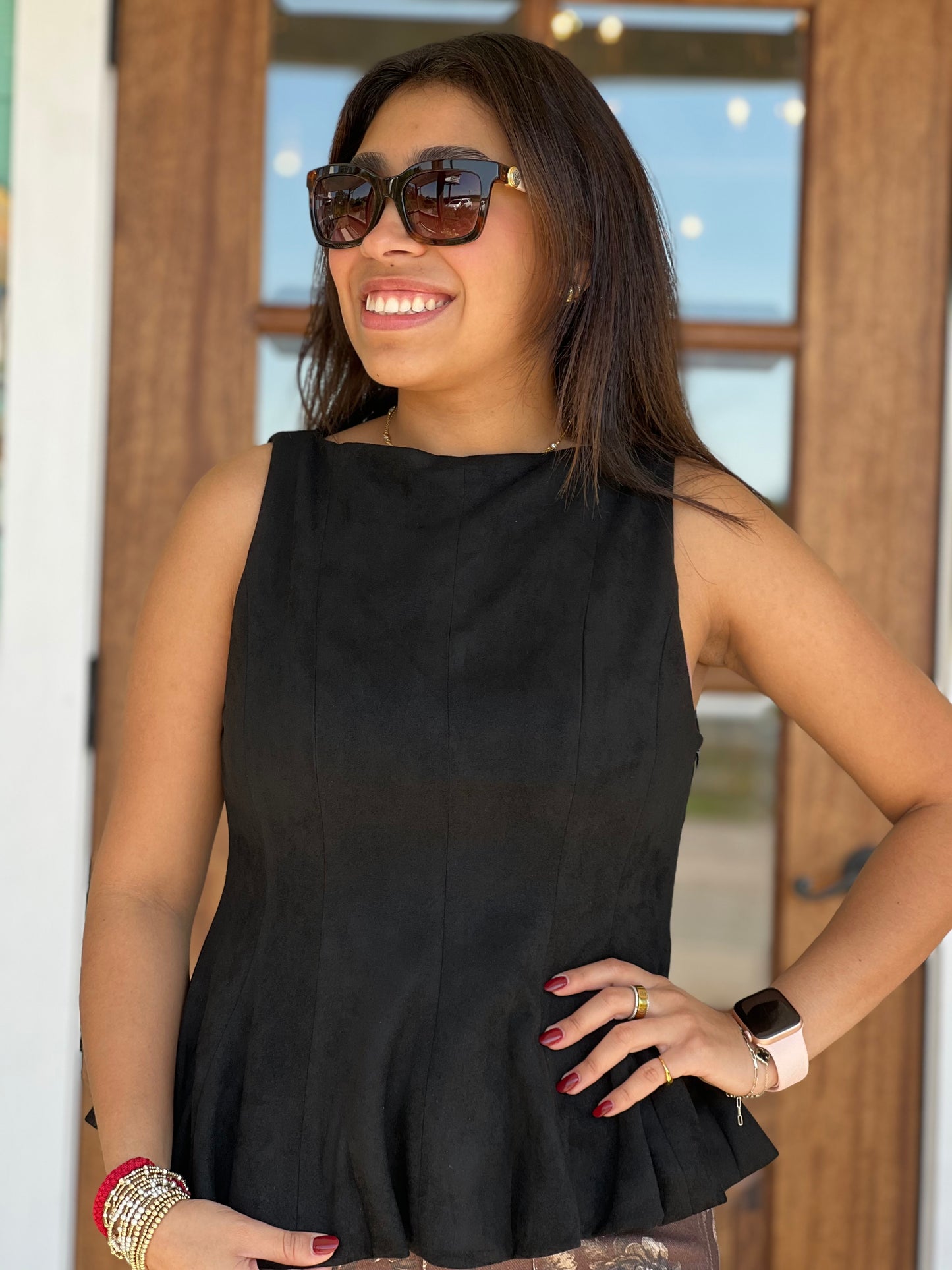 Black Peplum Faux Suede Top