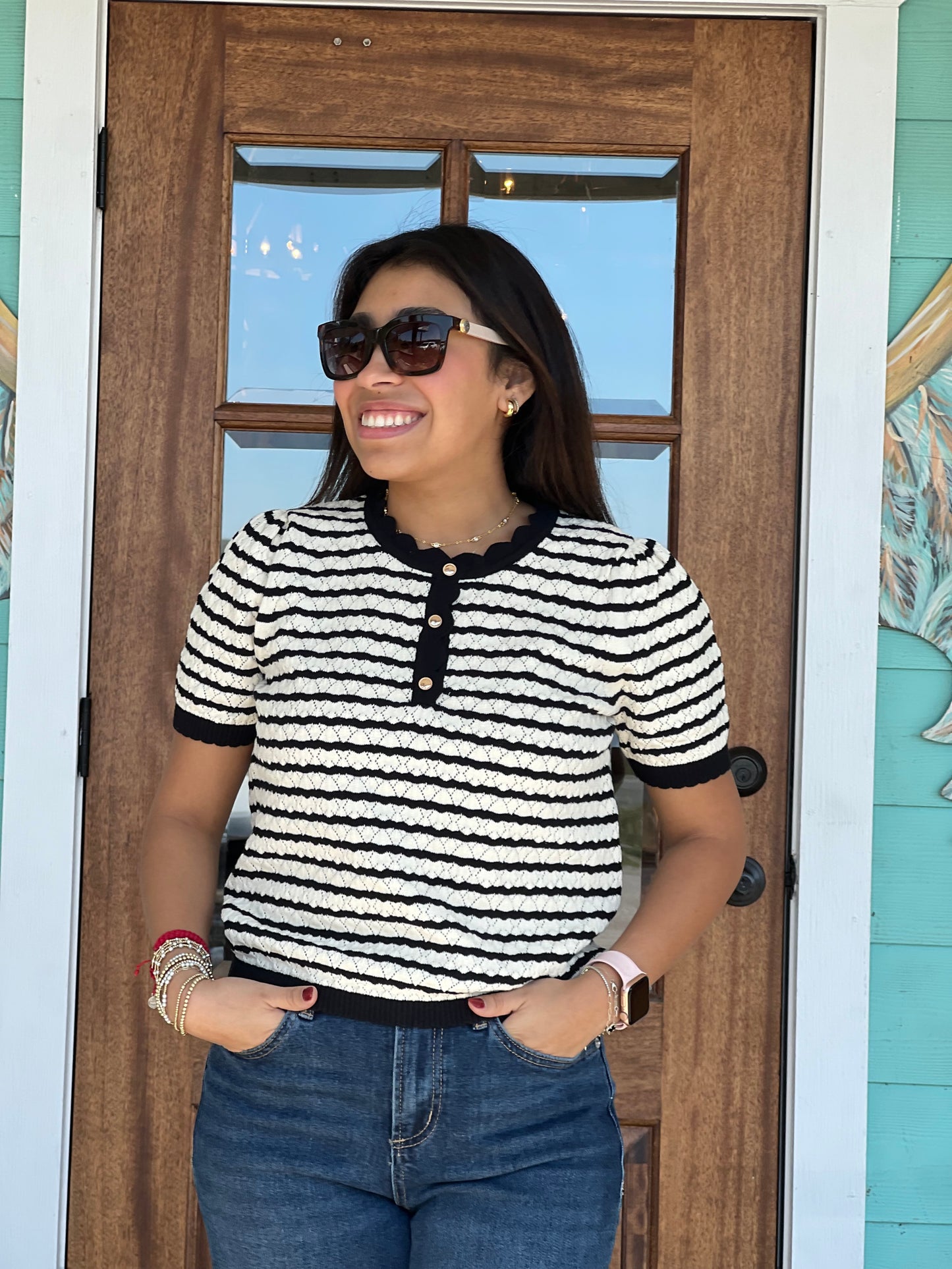 Black Stripe Pointelle Knit Top